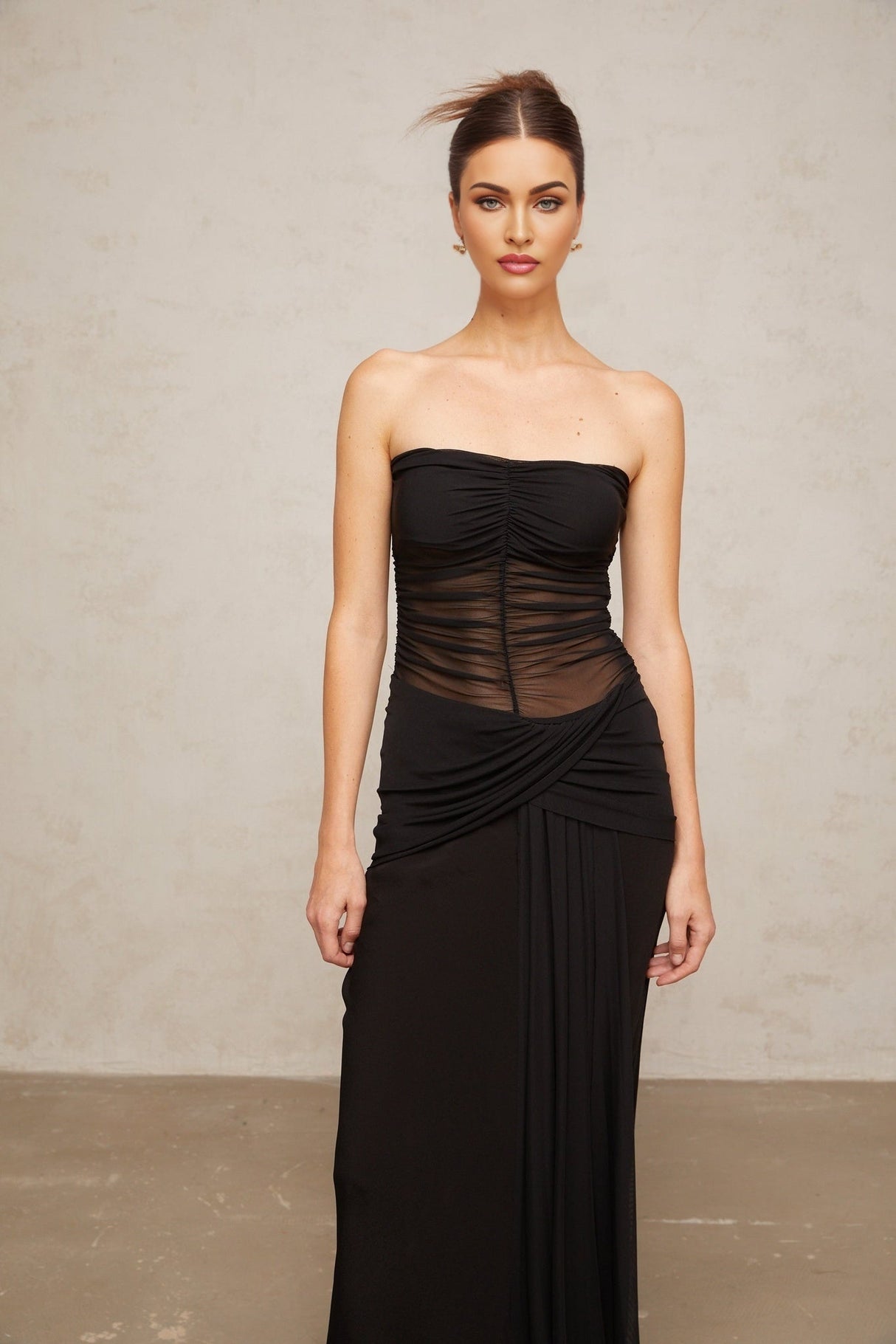 Ginevra Maxi Dress - Strapless Corset Style - Semi - Sheer Detail - Ruched and Pleated Finish