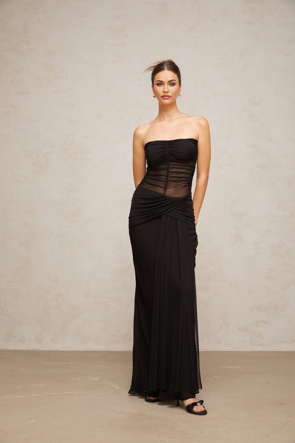 Ginevra Maxi Dress - Strapless Corset Style - Semi - Sheer Detail - Ruched and Pleated Finish