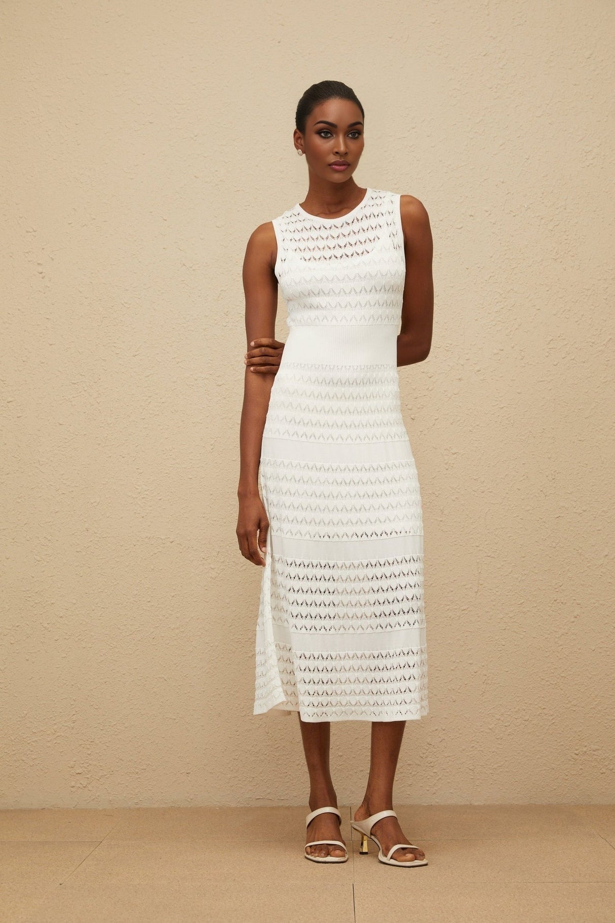Ginevra Midi Dress - Round Neck - Sleeveless - Fitted Waistline - Crochet Knit - Pointelle Trim