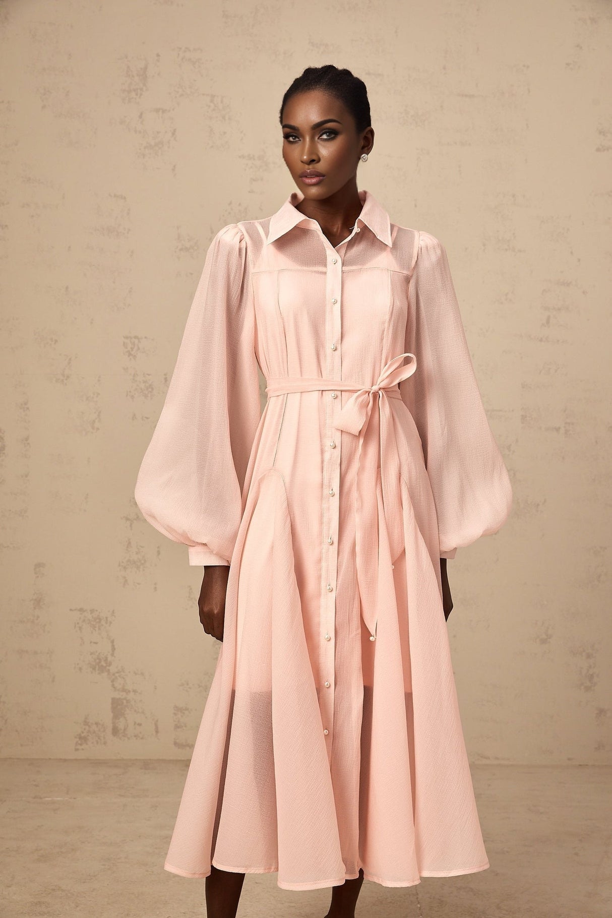 Ginevra Midi Dress - Semi - Sheer Construction - Balloon Sleeves - Tied Waist - Faux - Pearl Embellishment