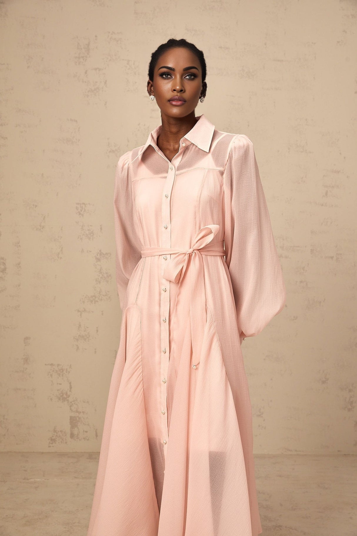 Ginevra Midi Dress - Semi - Sheer Construction - Balloon Sleeves - Tied Waist - Faux - Pearl Embellishment