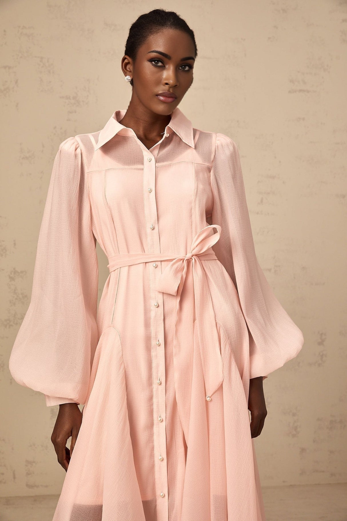 Ginevra Midi Dress - Semi - Sheer Construction - Balloon Sleeves - Tied Waist - Faux - Pearl Embellishment