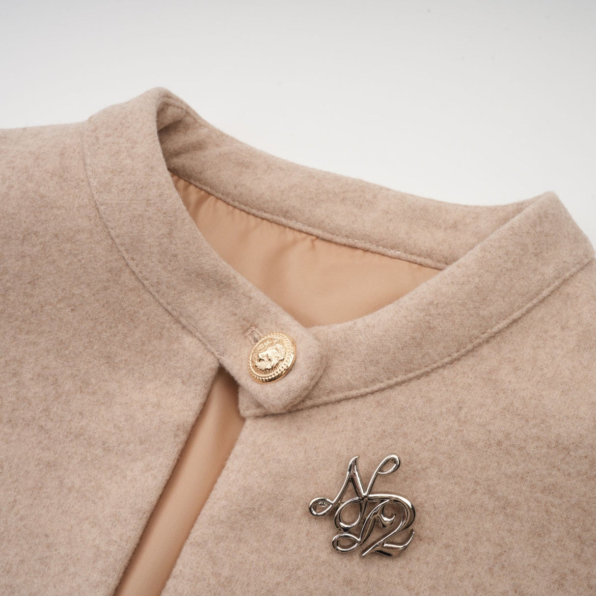 Ginevra Mock Neck Cape Coat – Detachable Scarf – Faux Fur Trim – Gold Buttons – Elegant Long Sleeve Design