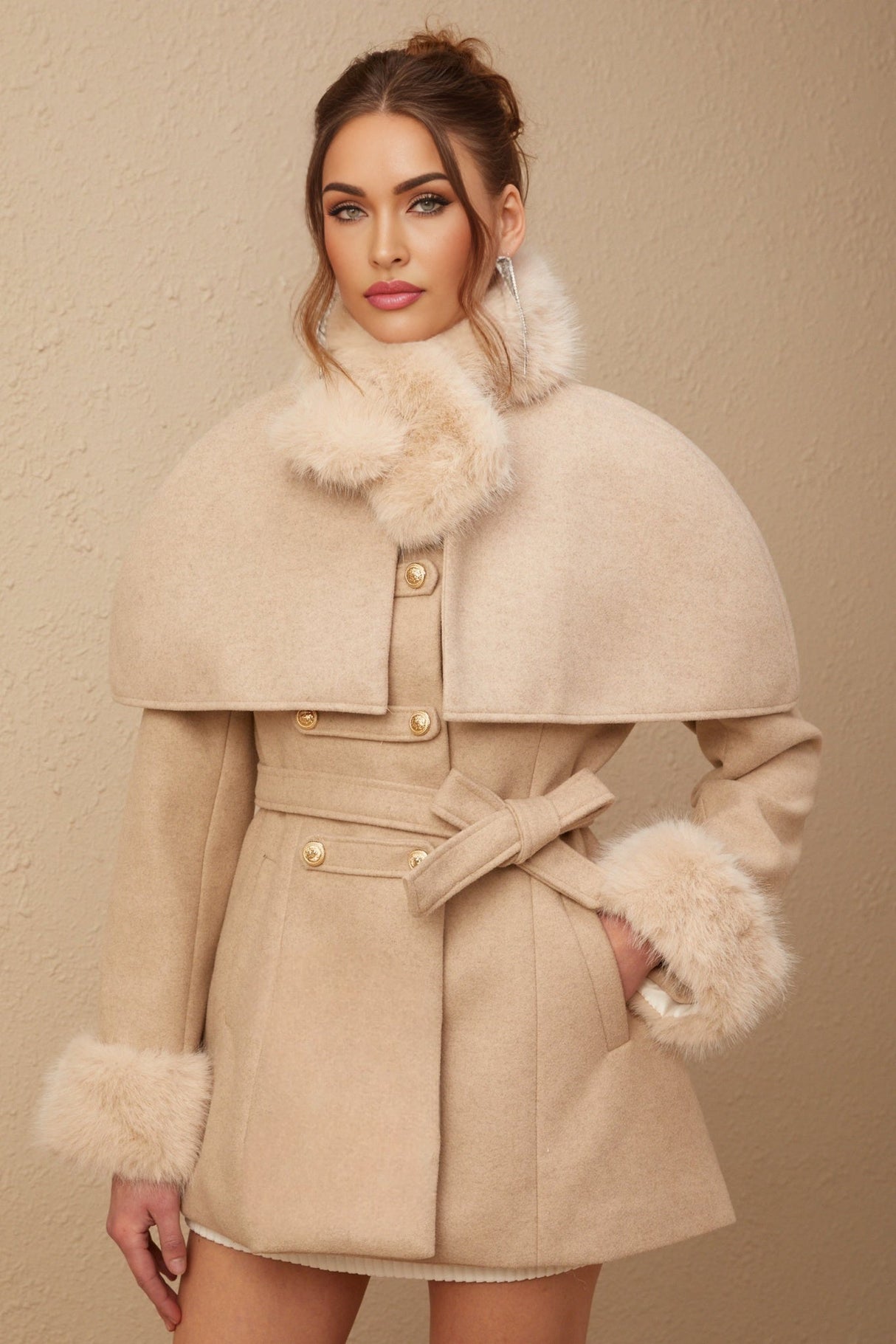 Ginevra Mock Neck Cape Coat – Detachable Scarf – Faux Fur Trim – Gold Buttons – Elegant Long Sleeve Design