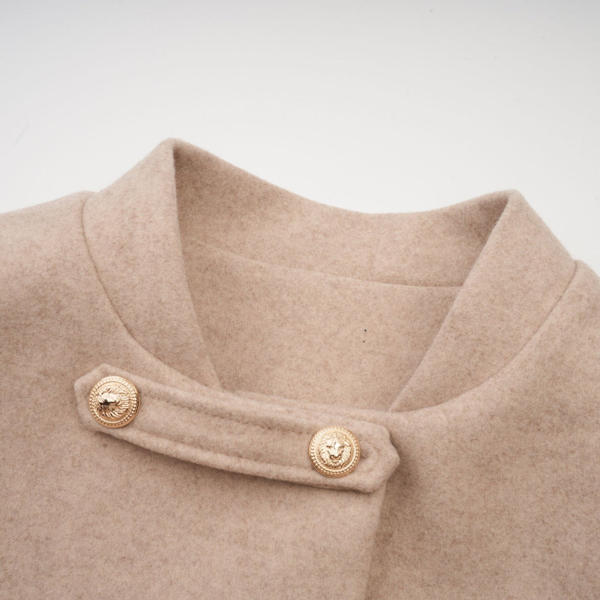 Ginevra Mock Neck Cape Coat – Detachable Scarf – Faux Fur Trim – Gold Buttons – Elegant Long Sleeve Design