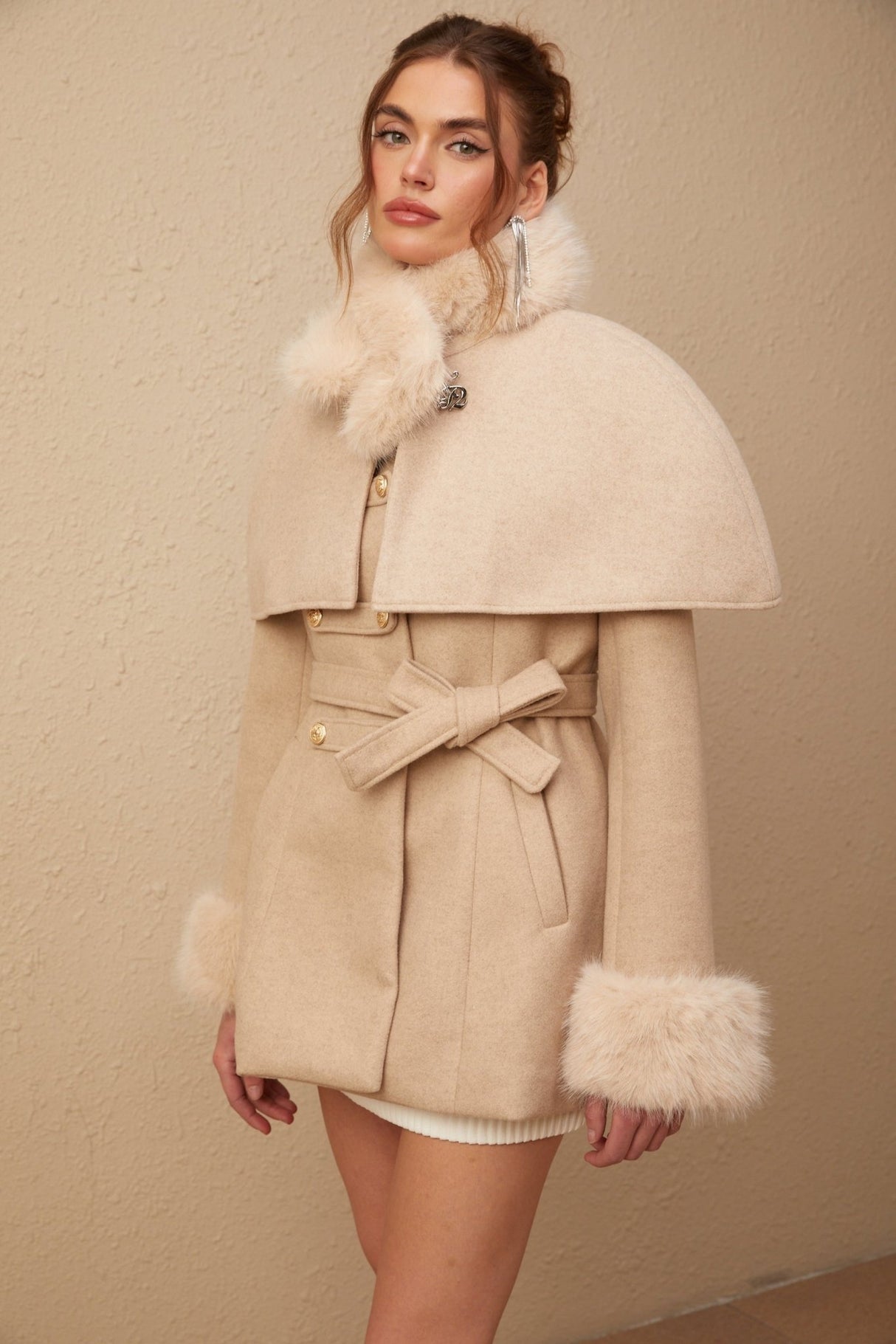 Ginevra Mock Neck Cape Coat – Detachable Scarf – Faux Fur Trim – Gold Buttons – Elegant Long Sleeve Design