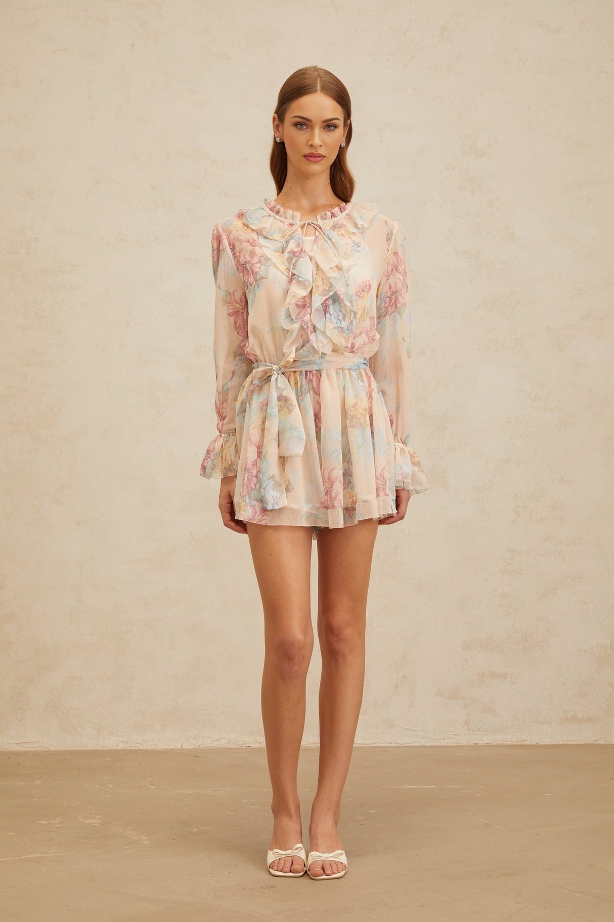 Ginevra Playsuit - Floral Ruffled Chiffon Thigh - Length - Belted - Elasticated