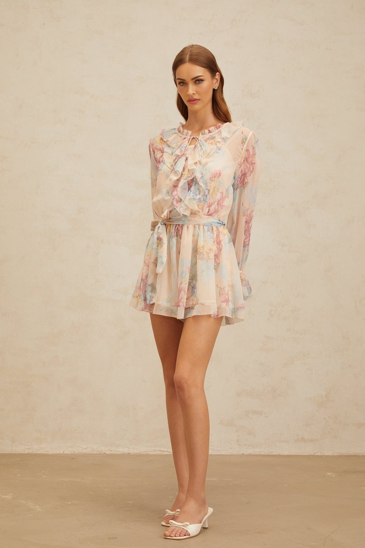 Ginevra Playsuit - Floral Ruffled Chiffon Thigh - Length - Belted - Elasticated