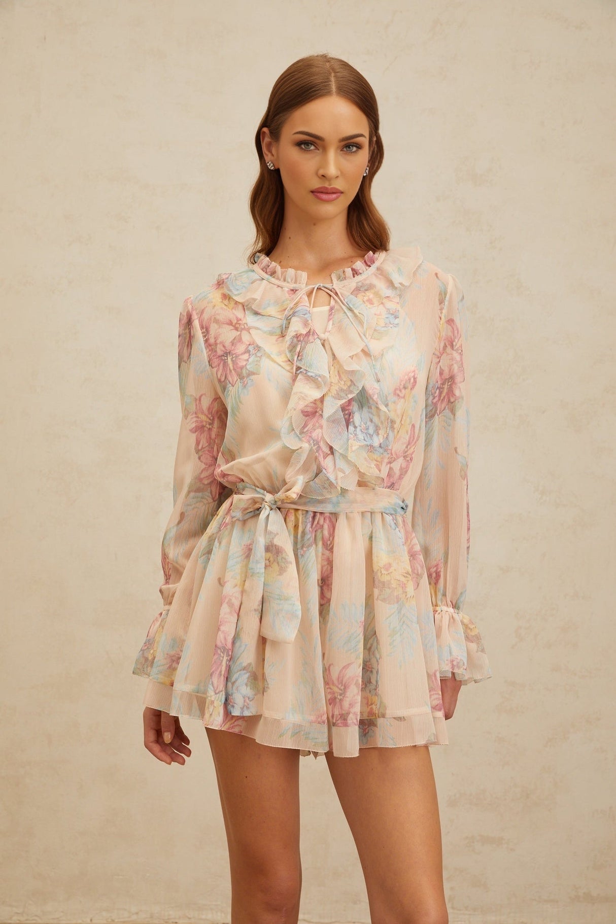 Ginevra Playsuit - Floral Ruffled Chiffon Thigh - Length - Belted - Elasticated