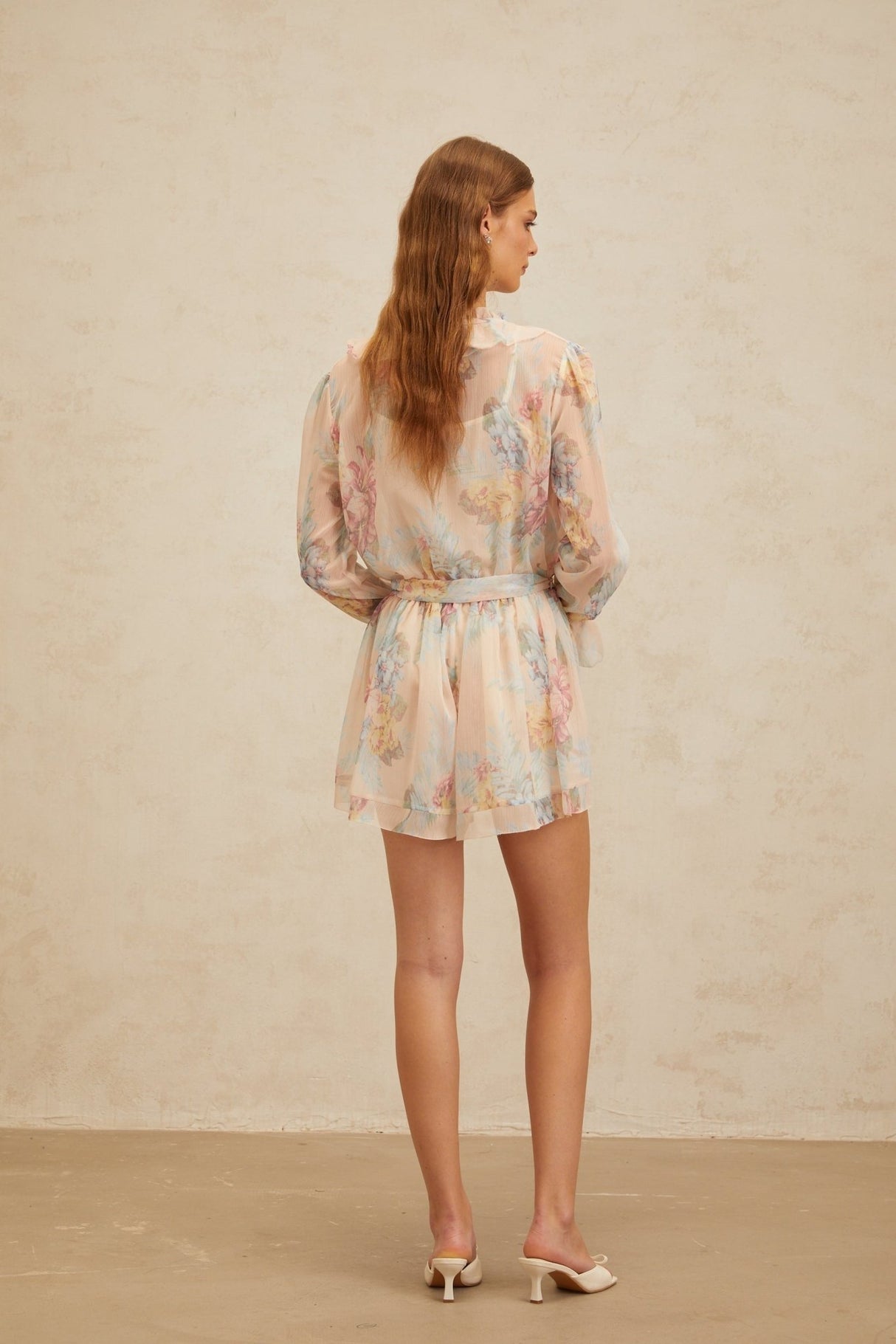 Ginevra Playsuit - Floral Ruffled Chiffon Thigh - Length - Belted - Elasticated
