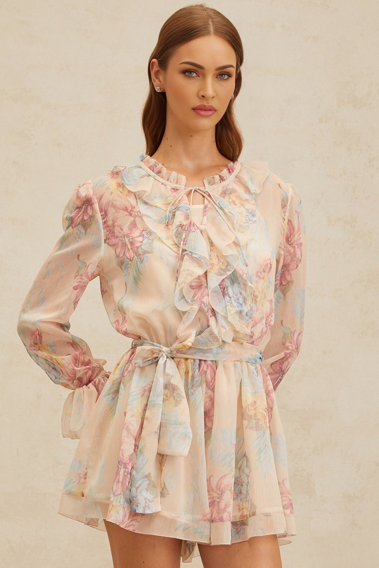 Ginevra Playsuit - Floral Ruffled Chiffon Thigh - Length - Belted - Elasticated