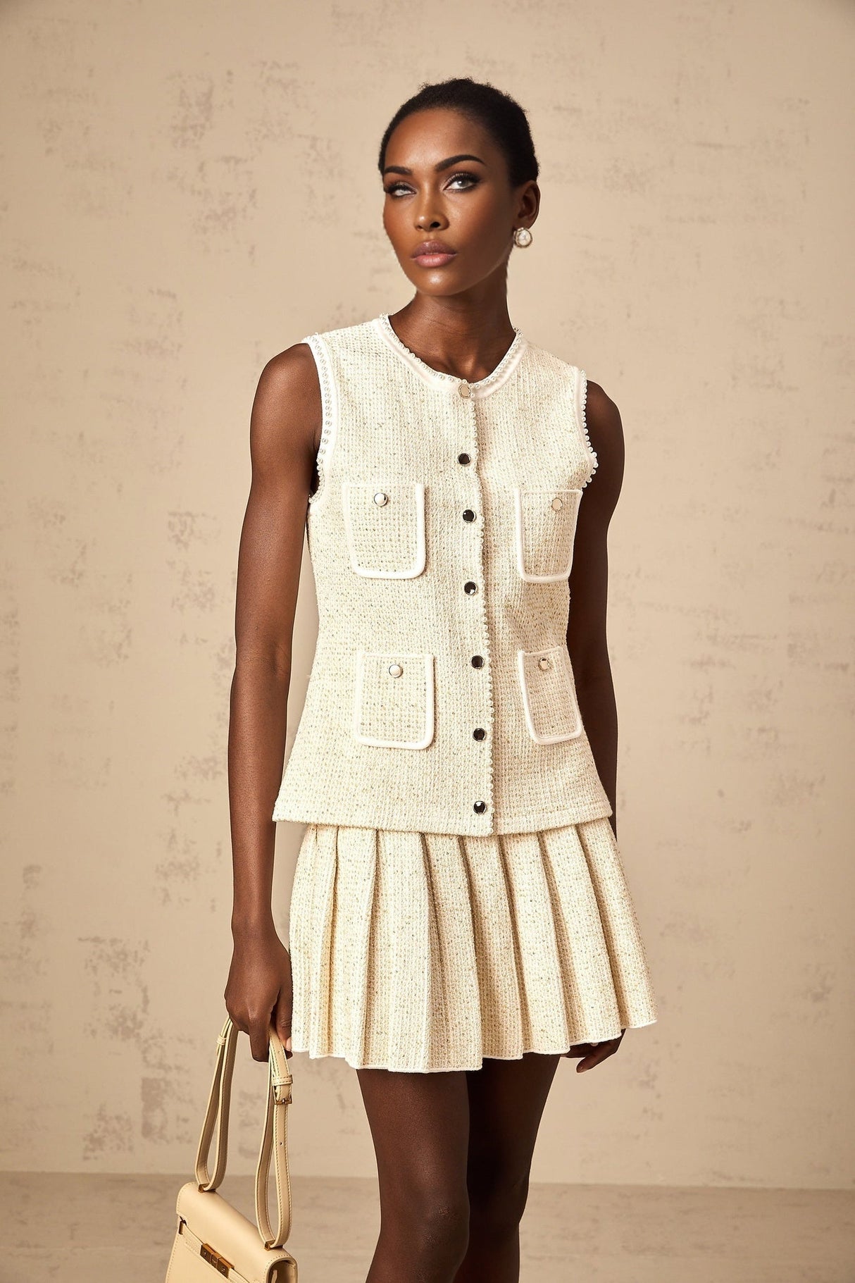 Ginevra Top & Skirt Set - Sequin & Faux - Pearl Embellished - Metallic Threaded Knit - Patch Pockets - Button Front