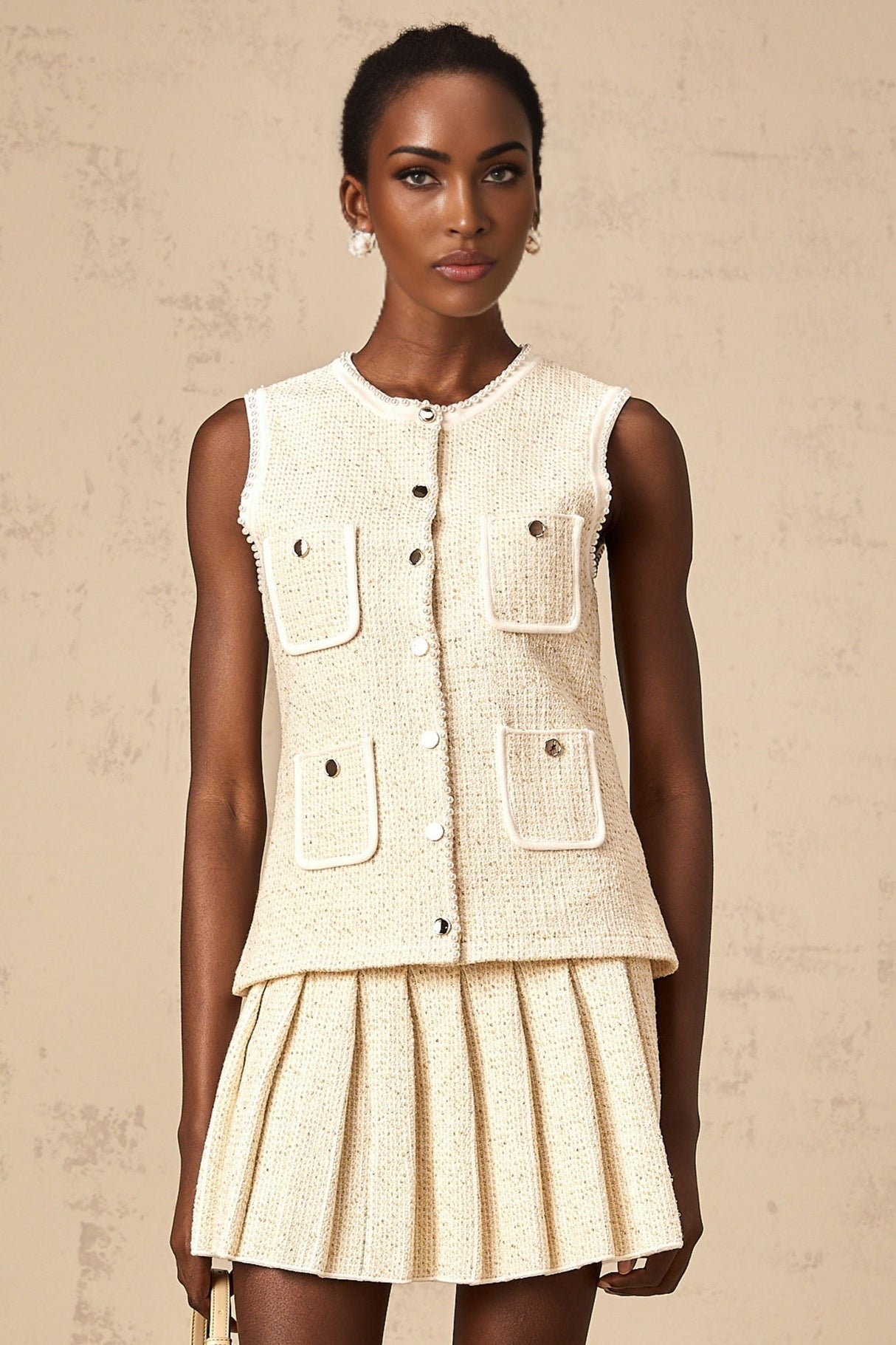 Ginevra Top & Skirt Set - Sequin & Faux - Pearl Embellished - Metallic Threaded Knit - Patch Pockets - Button Front