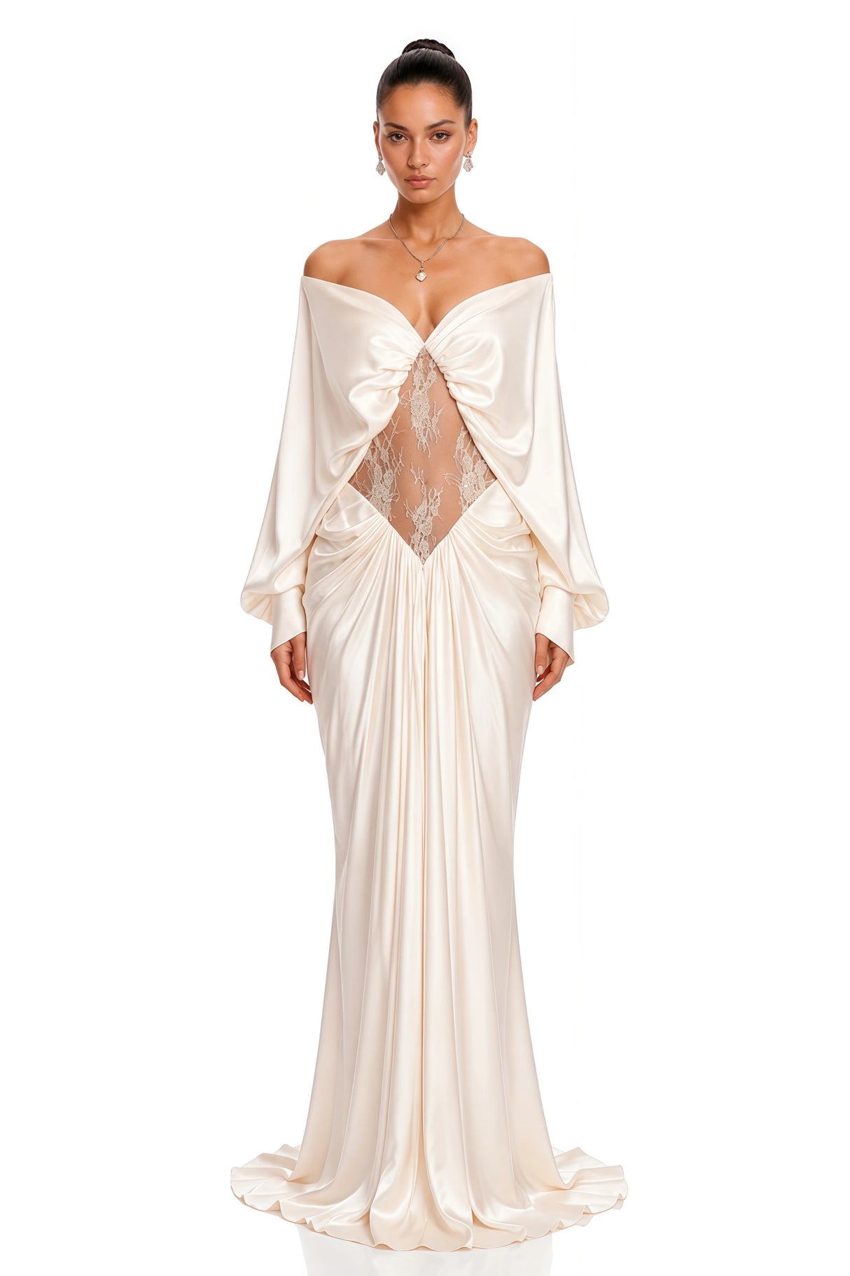 Gioconda White Off Shoulder Maxi Dress with Lace Panels