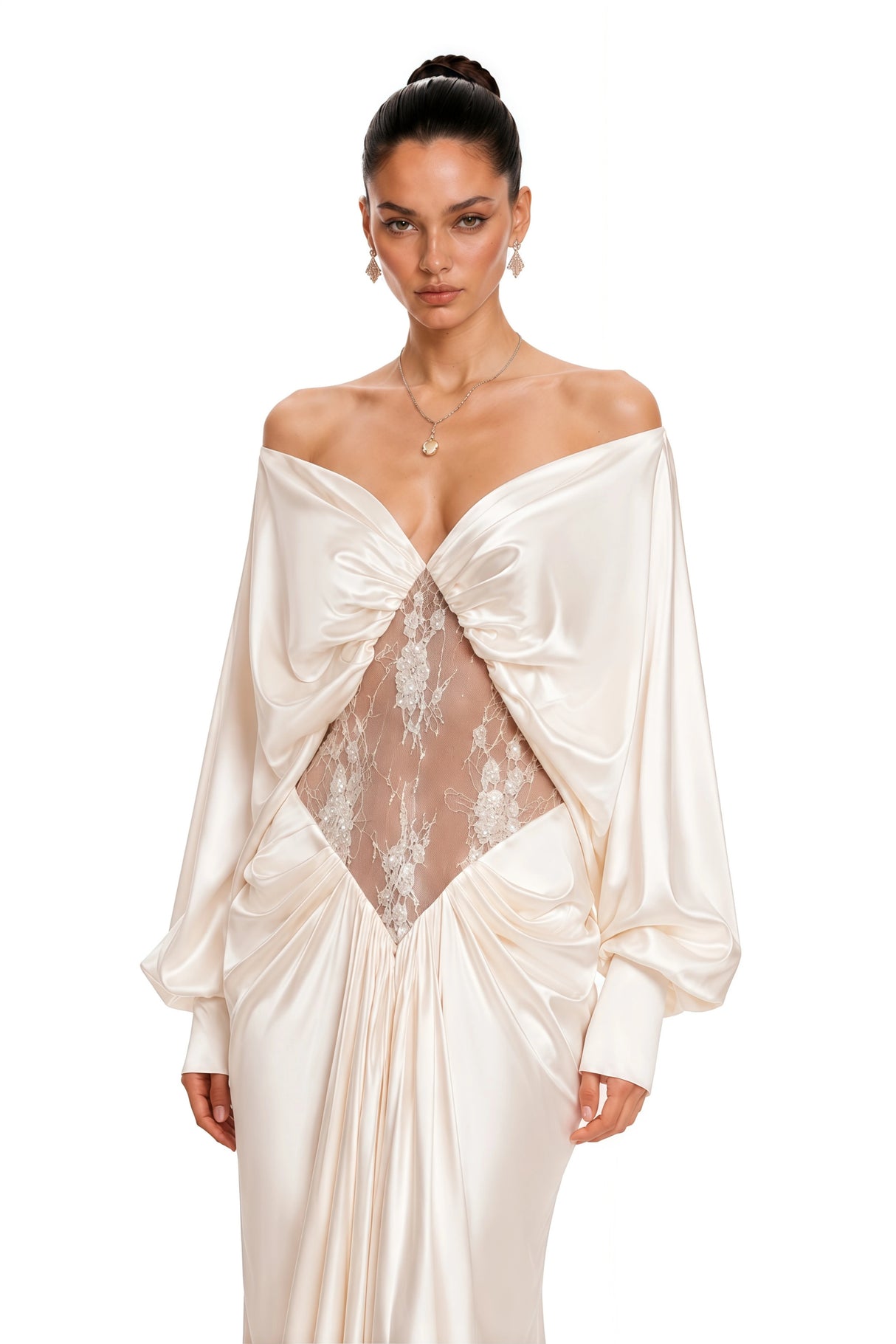 Gioconda White Off Shoulder Maxi Dress with Lace Panels