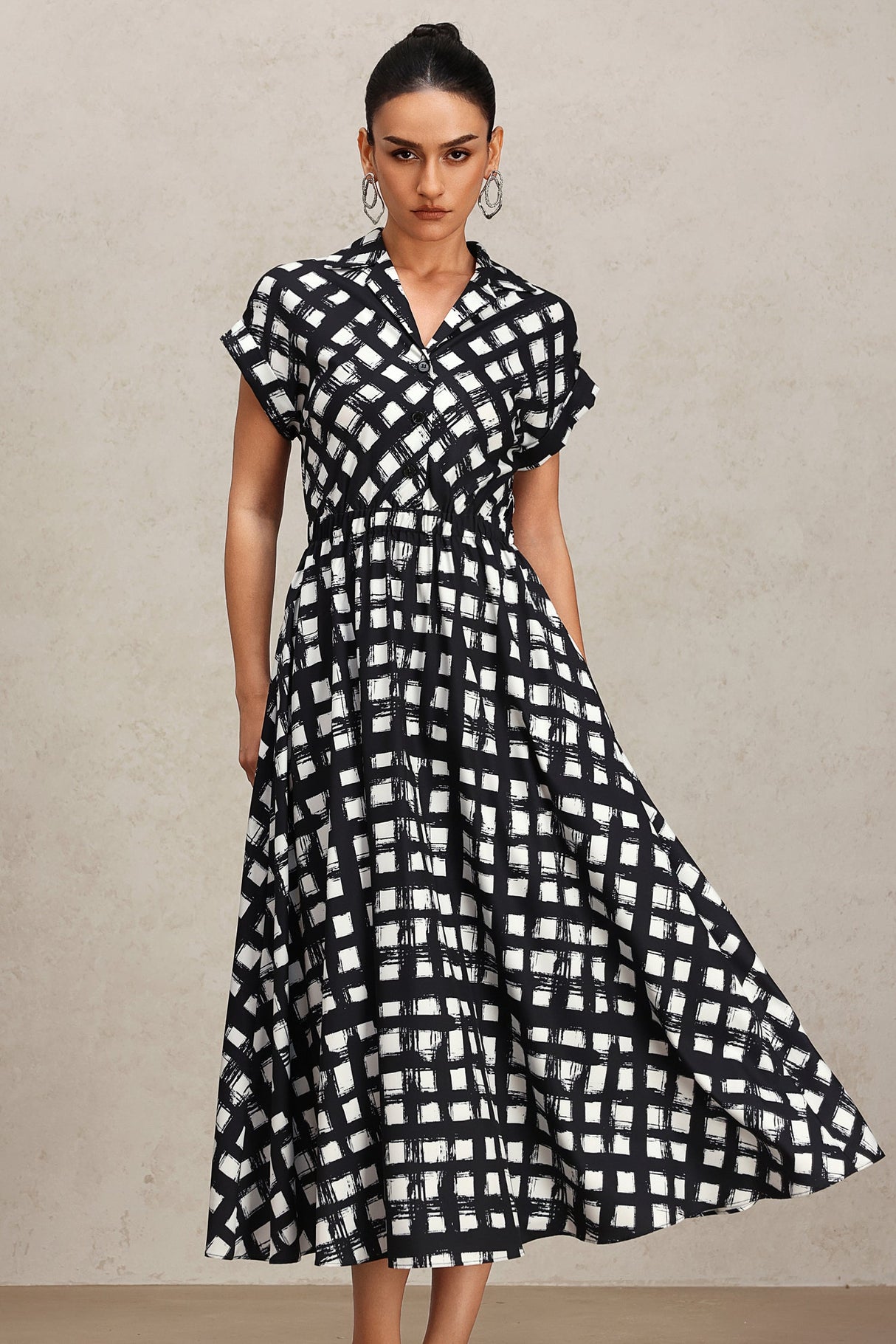 Giorgia Black Checkered Print Midi Dress Lapel Neckline Short Sleeves Elasticated Waist Lightweight Fabric