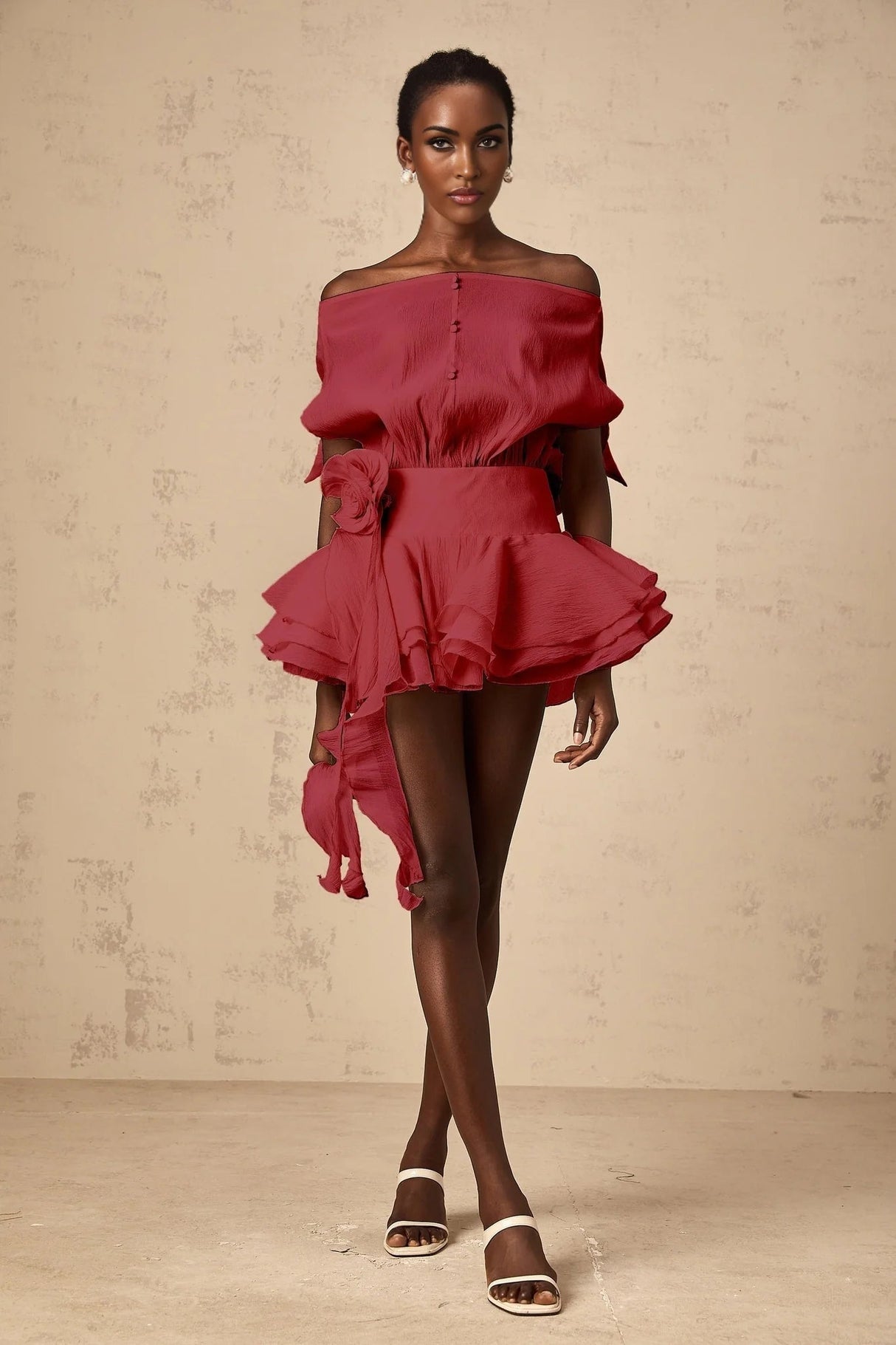 Giorgia Mini Dress Red Floral Appliqu Off - Shoulder Flounce Hem & Cinched Waist