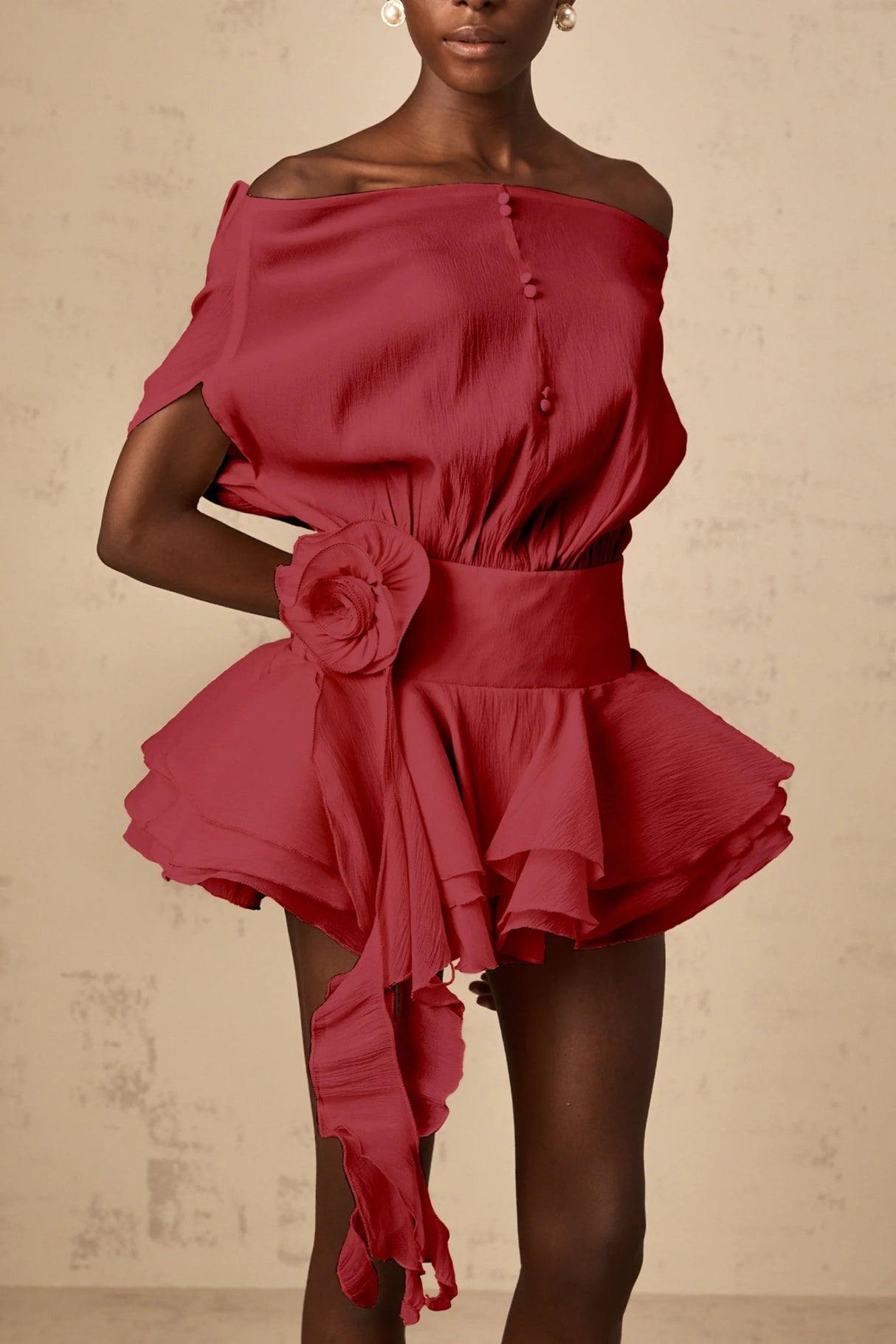 Giorgia Mini Dress Red Floral Appliqu Off - Shoulder Flounce Hem & Cinched Waist