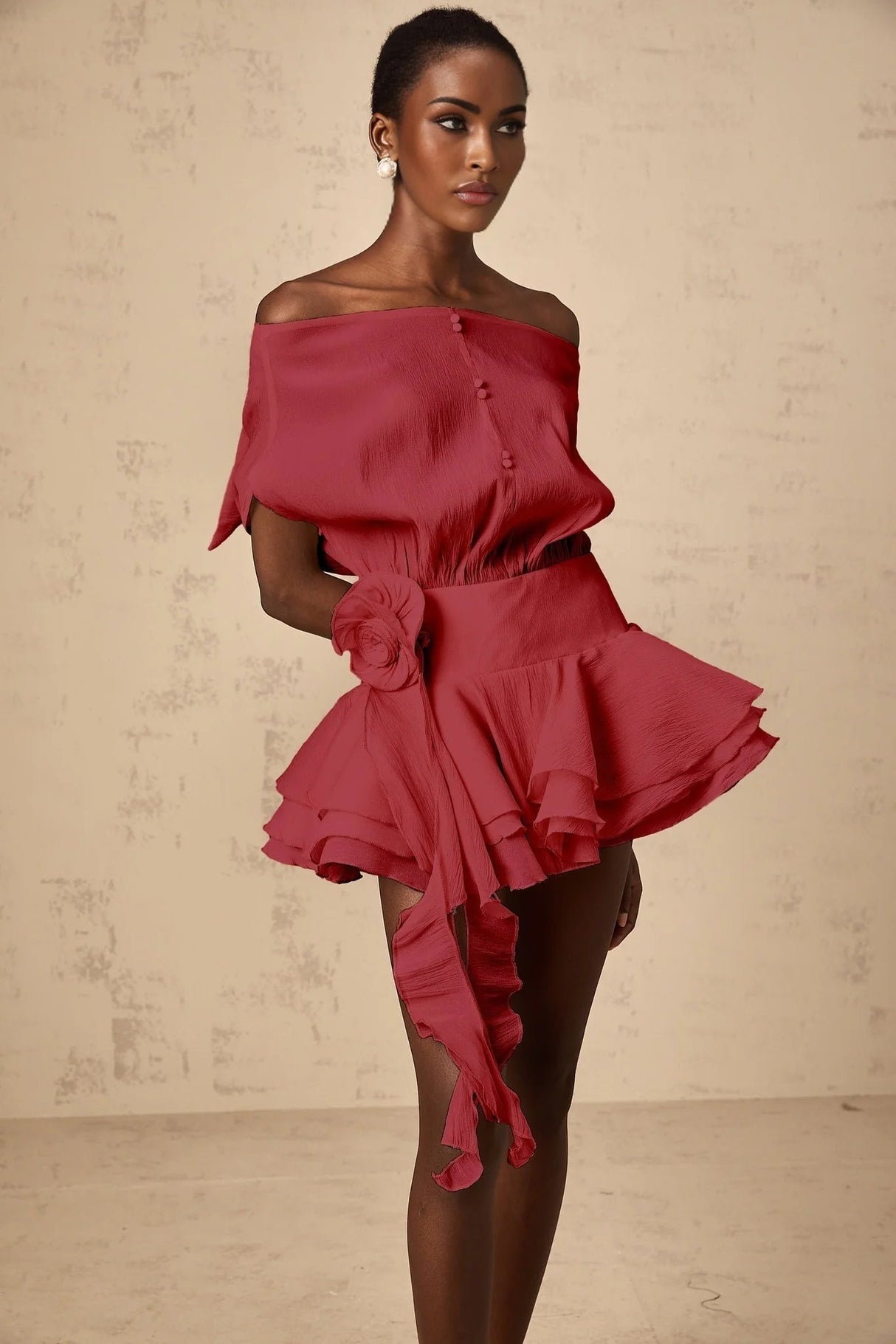 Giorgia Mini Dress Red Floral Appliqu Off - Shoulder Flounce Hem & Cinched Waist