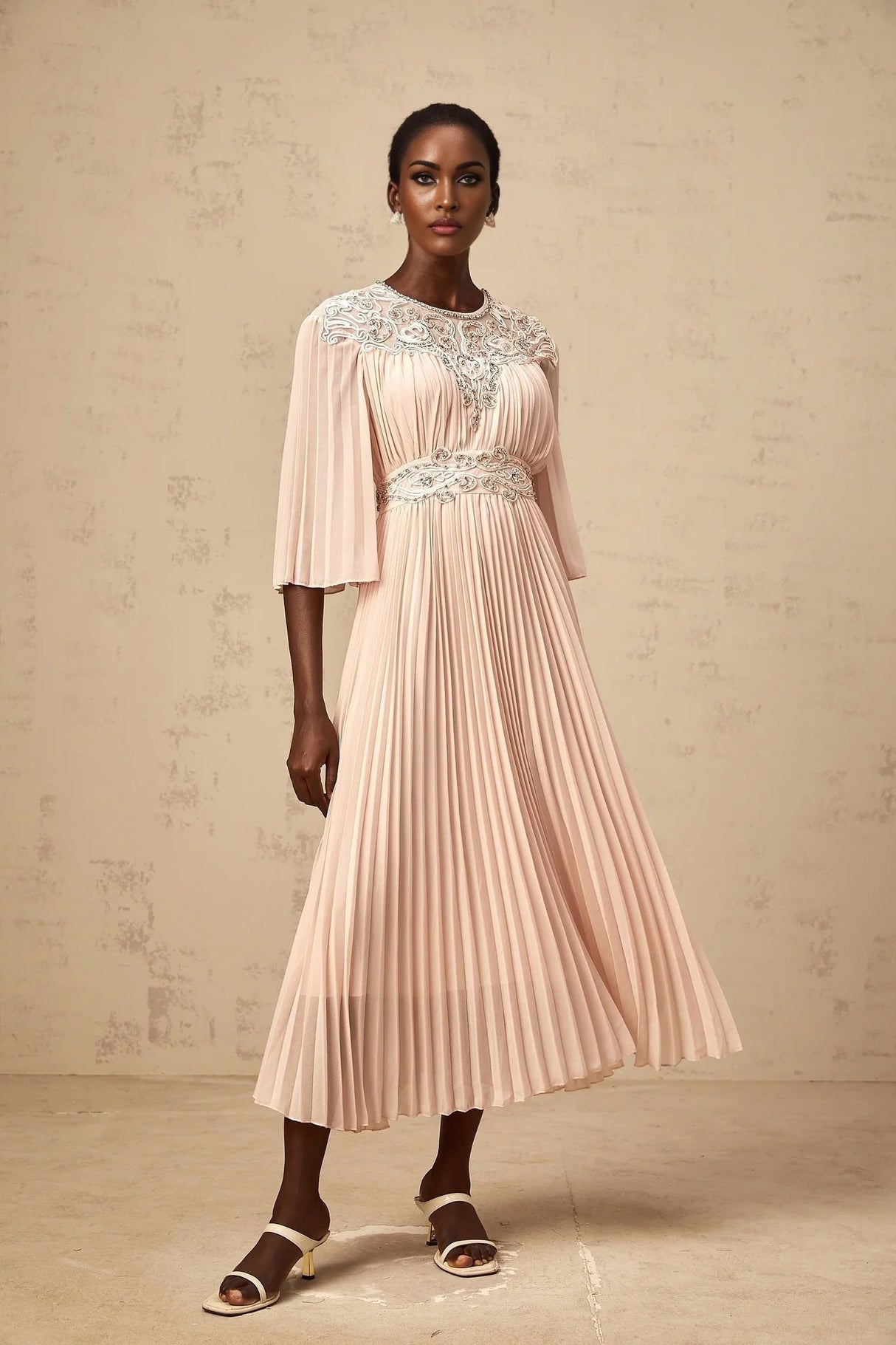 Giovanna Midi Dress Pink Crystal Embellished Pleated & Mesh Panels