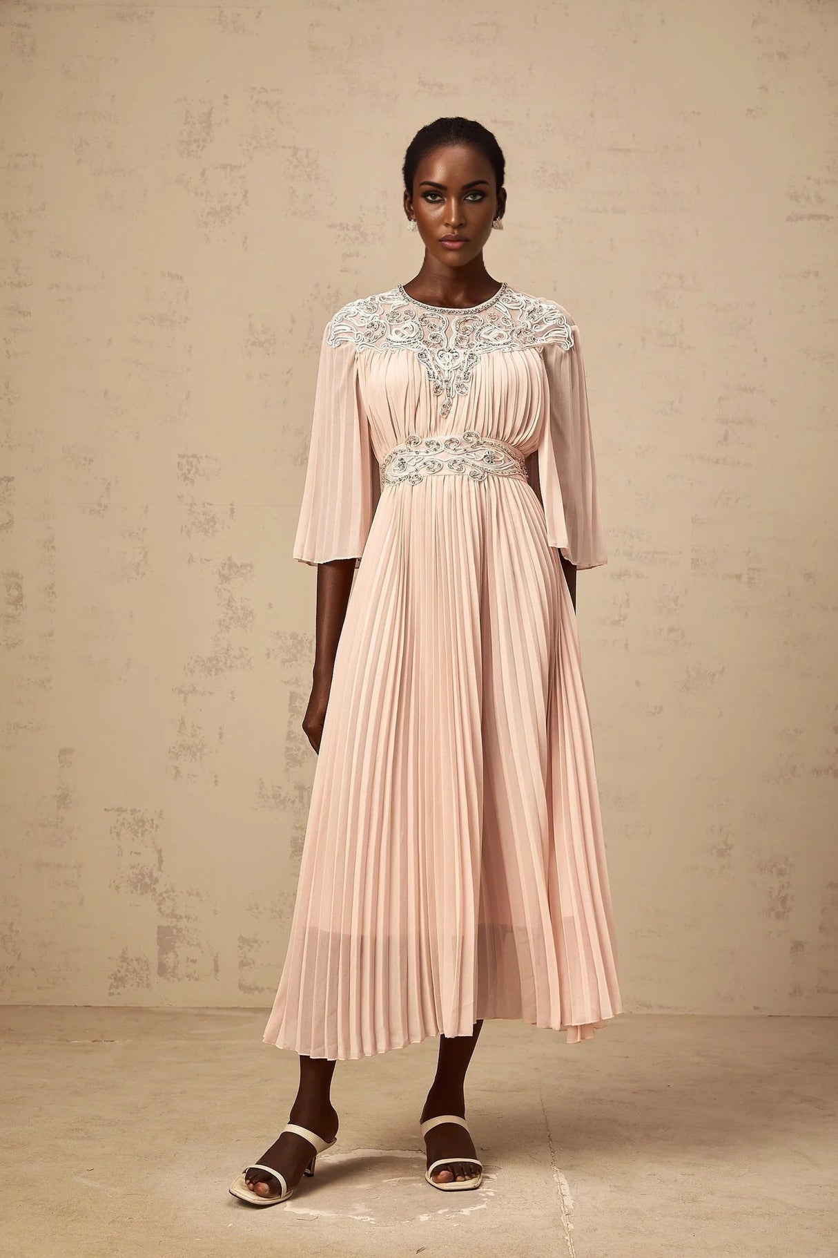 Giovanna Midi Dress Pink Crystal Embellished Pleated & Mesh Panels