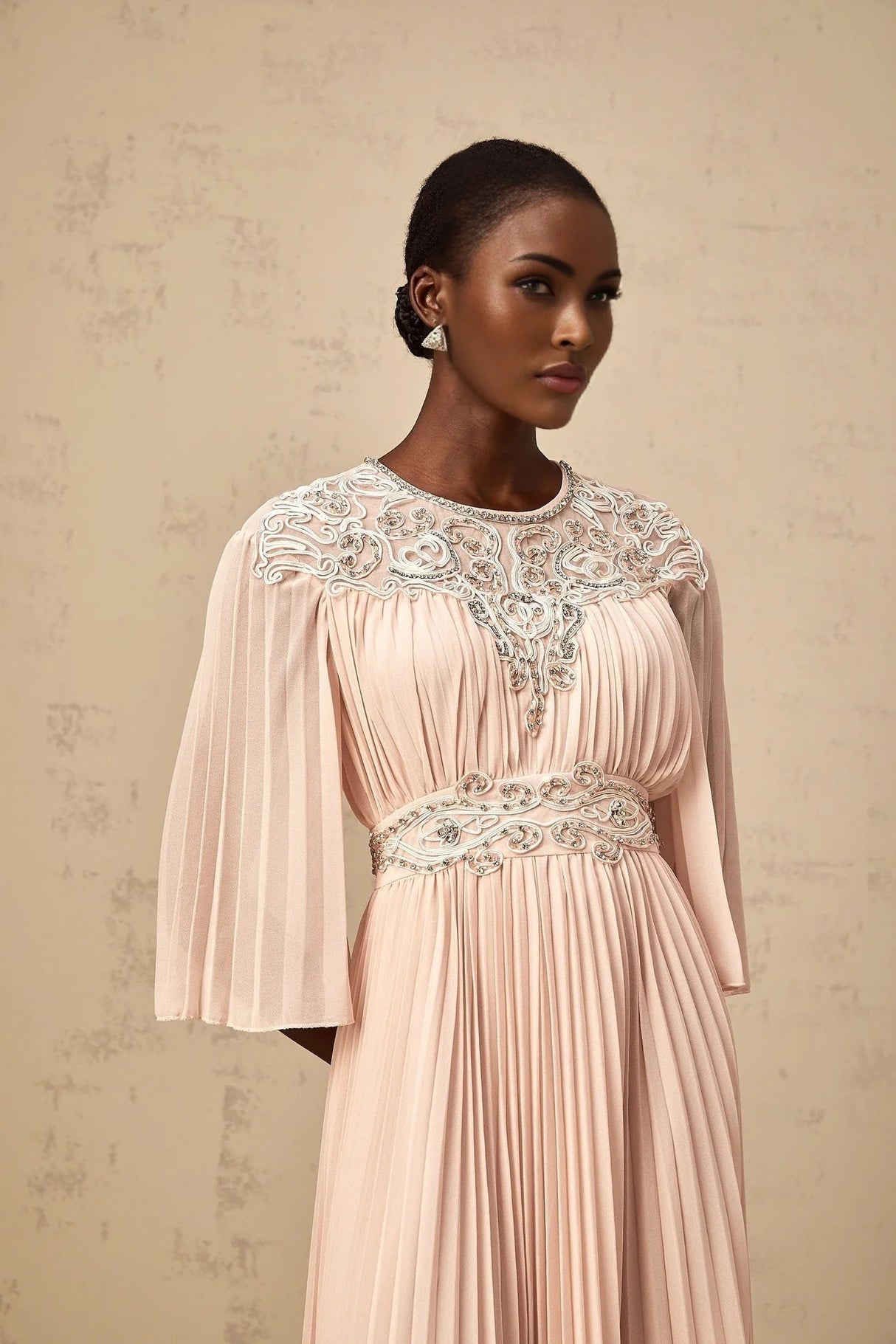 Giovanna Midi Dress Pink Crystal Embellished Pleated & Mesh Panels