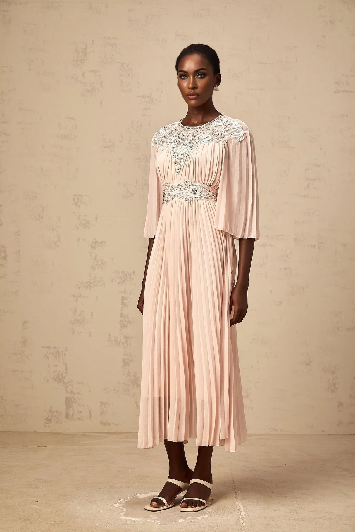 Giovanna Midi Dress Pink Crystal Embellished Pleated & Mesh Panels