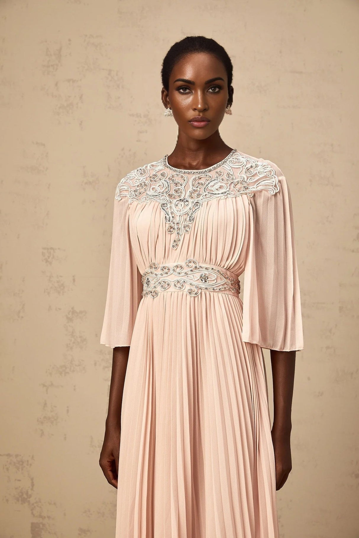 Giovanna Midi Dress Pink Crystal Embellished Pleated & Mesh Panels