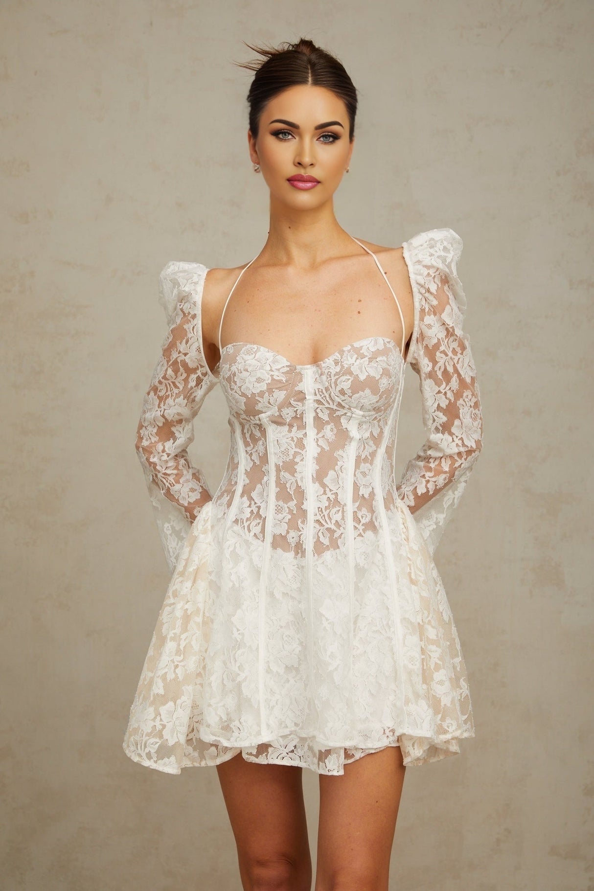 Giovanna Mini Dress - Semi - Sheer Floral - Lace Overlay - Detachable Long Puff Sleeves - Corset Style - A - line Silhouette