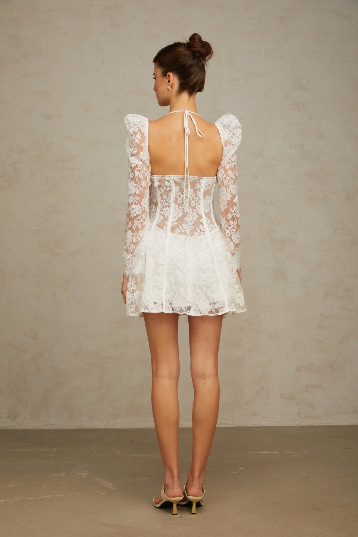 Giovanna Mini Dress - Semi - Sheer Floral - Lace Overlay - Detachable Long Puff Sleeves - Corset Style - A - line Silhouette