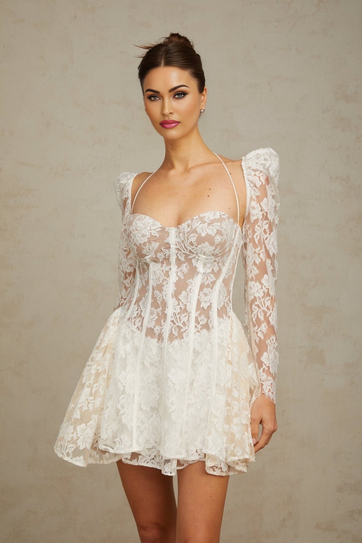 Giovanna Mini Dress - Semi - Sheer Floral - Lace Overlay - Detachable Long Puff Sleeves - Corset Style - A - line Silhouette