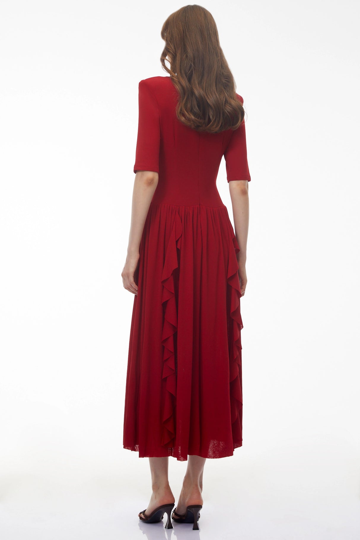 Giovanna Red VNeck Ruched Midi Dress with Half Sleeves