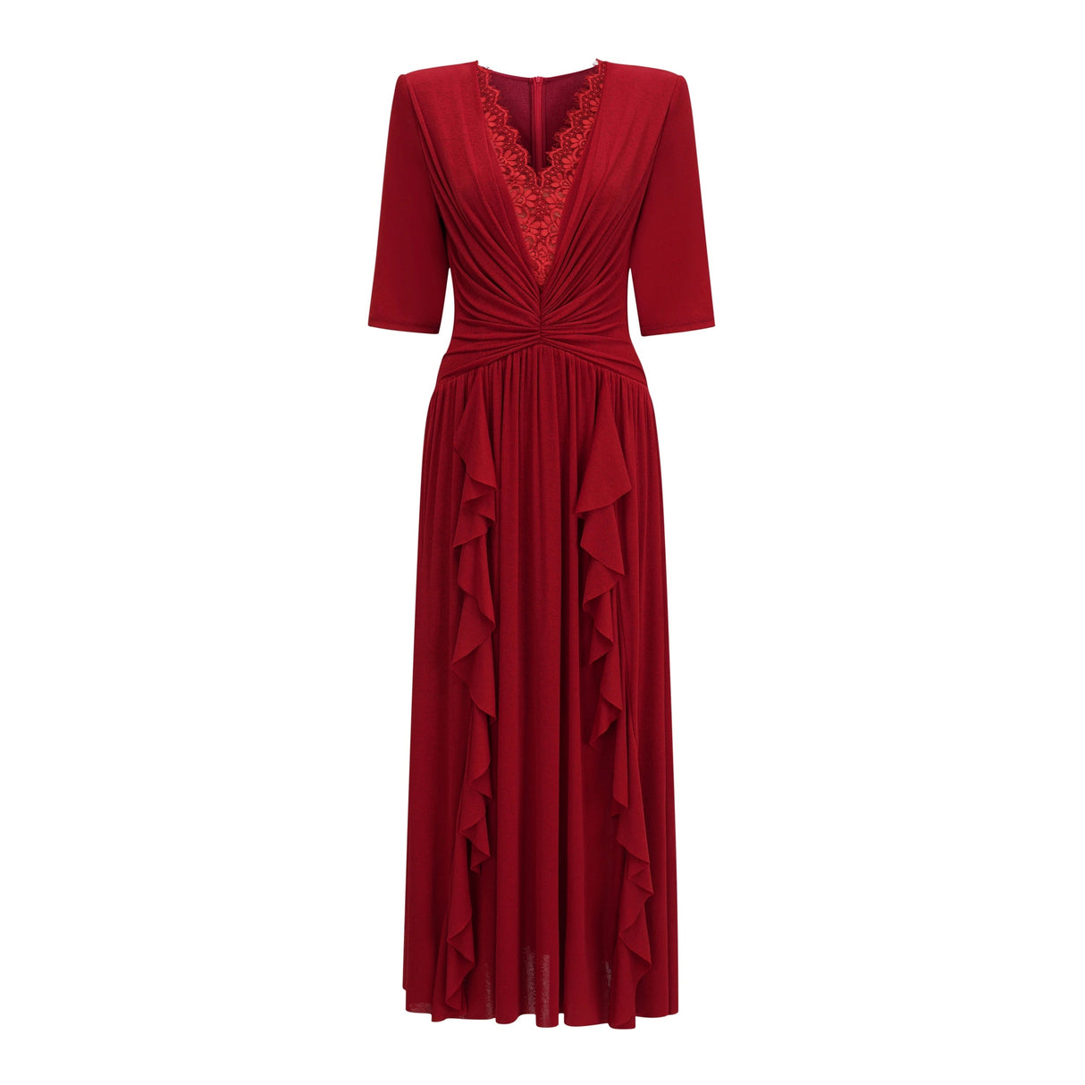 Giovanna Red VNeck Ruched Midi Dress with Half Sleeves