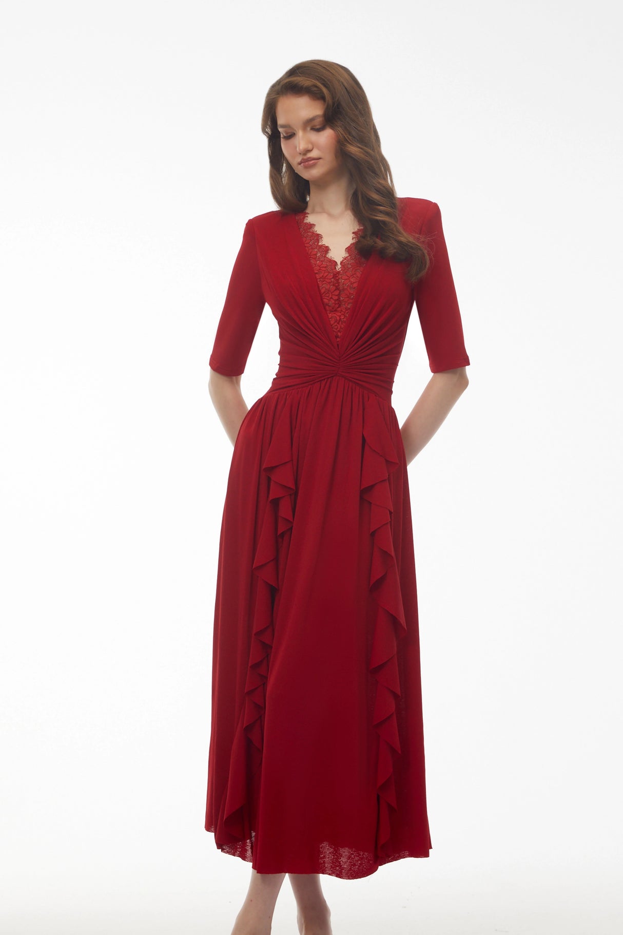 Giovanna Red VNeck Ruched Midi Dress with Half Sleeves