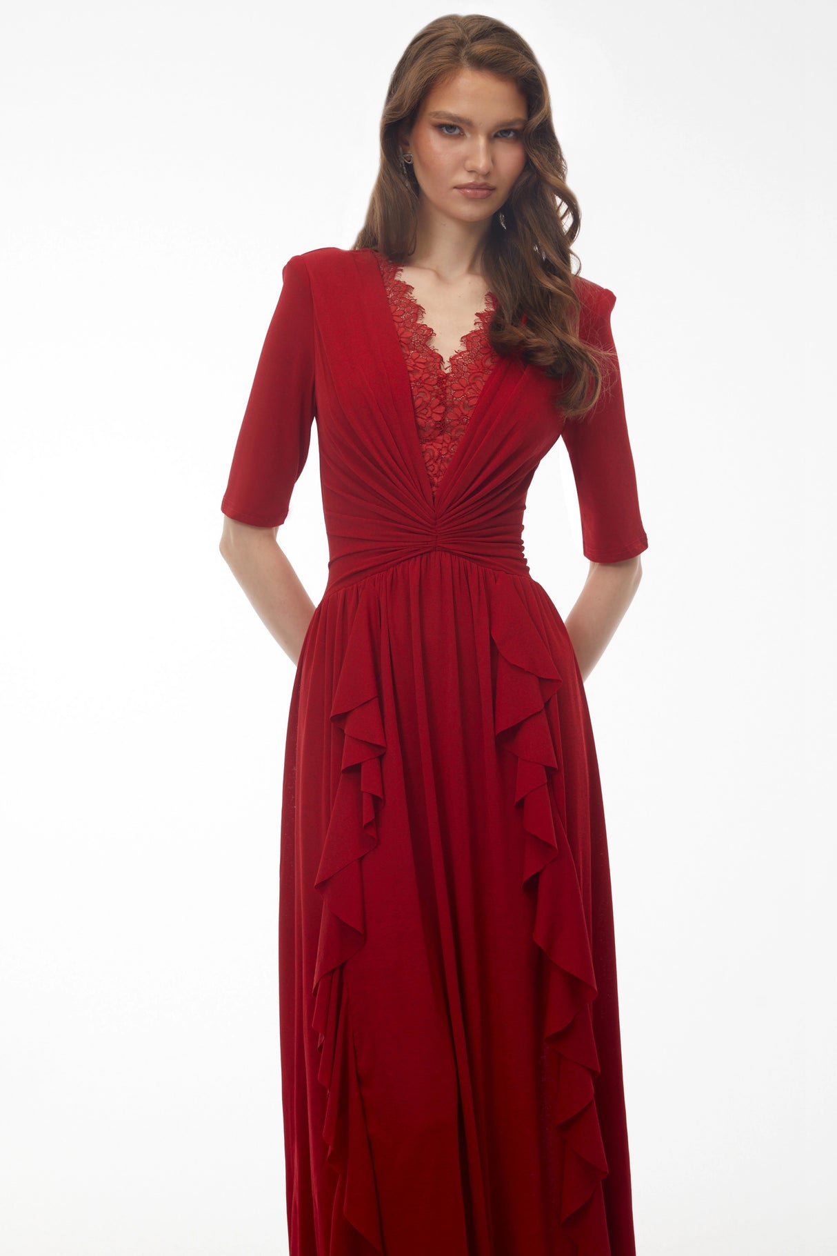 Giovanna Red VNeck Ruched Midi Dress with Half Sleeves