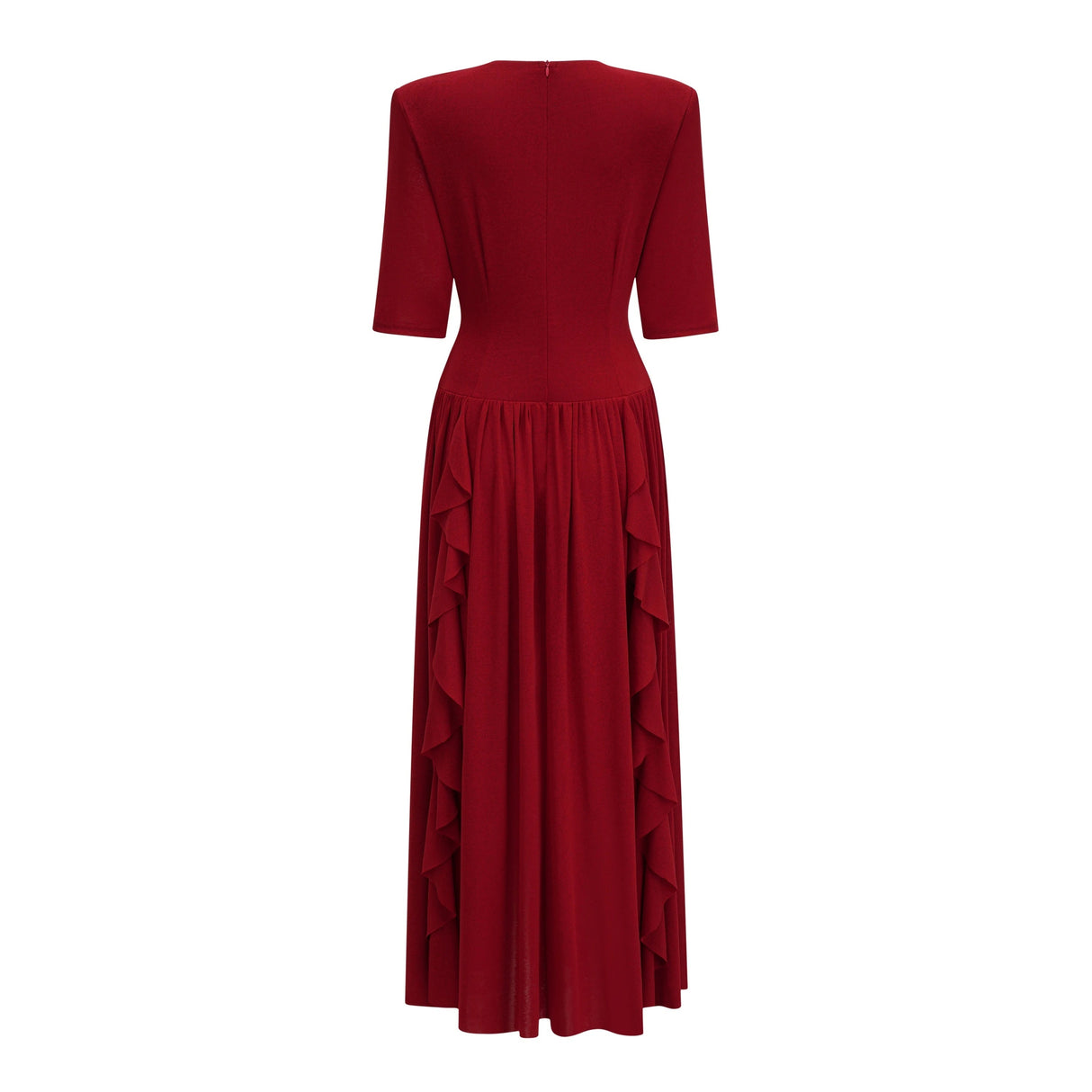 Giovanna Red VNeck Ruched Midi Dress with Half Sleeves