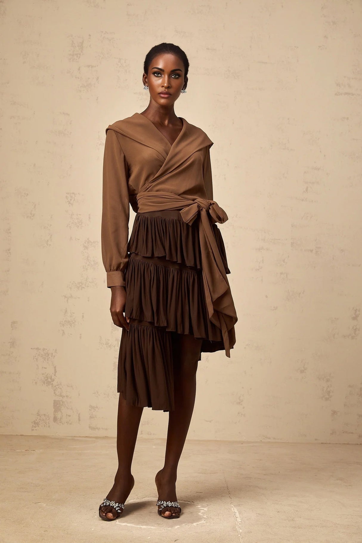 Giovanna Top Coffee Brown Chiffon Sheer Wrap V - Neck Cropped