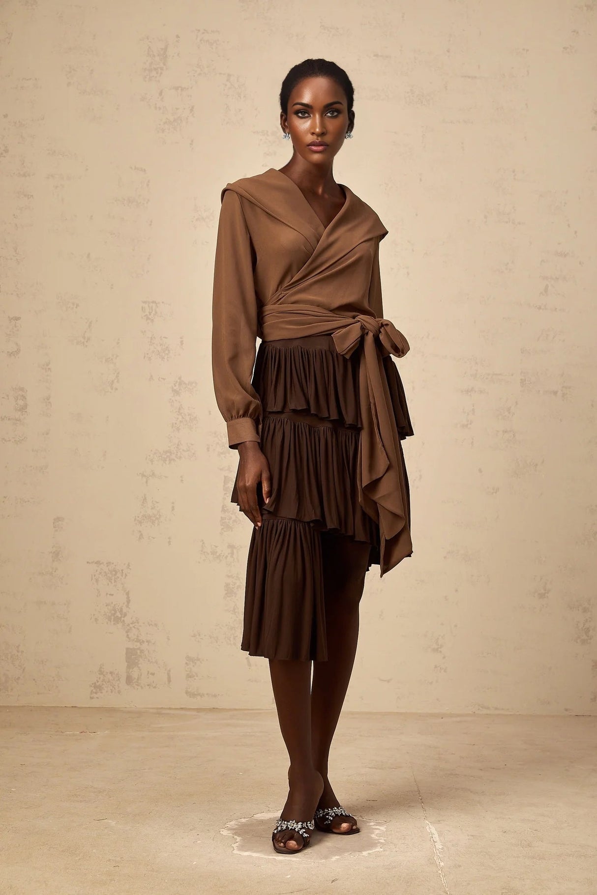 Giovanna Top Coffee Brown Chiffon Sheer Wrap V - Neck Cropped