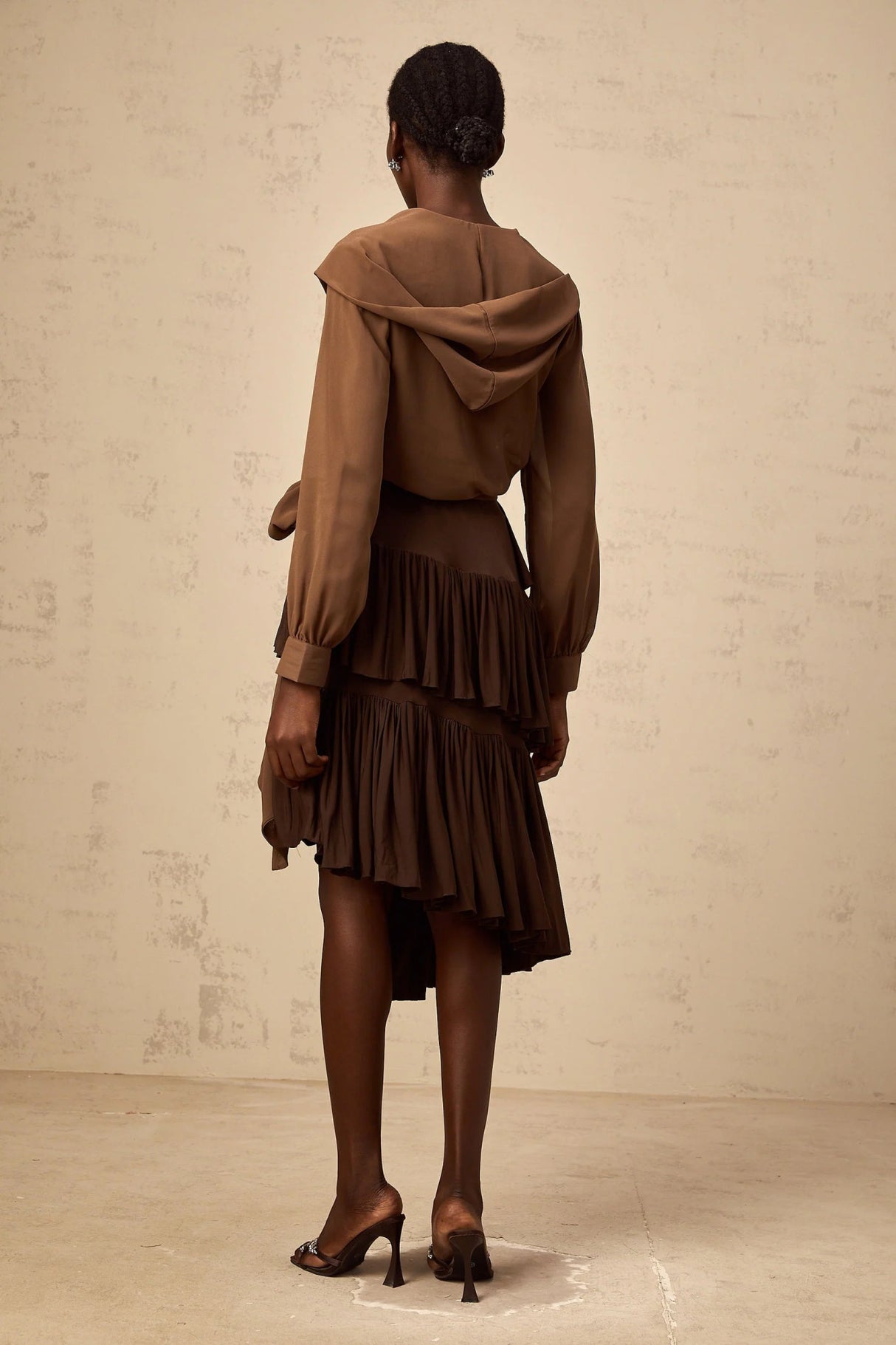 Giovanna Top Coffee Brown Chiffon Sheer Wrap V - Neck Cropped