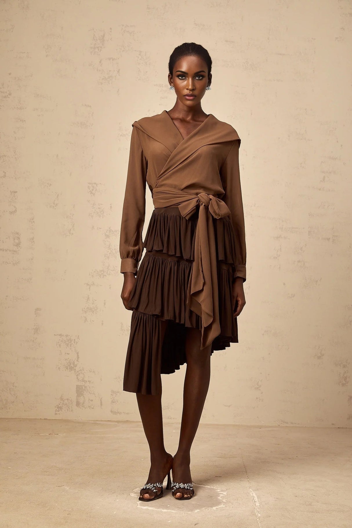 Giovanna Top Coffee Brown Chiffon Sheer Wrap V - Neck Cropped