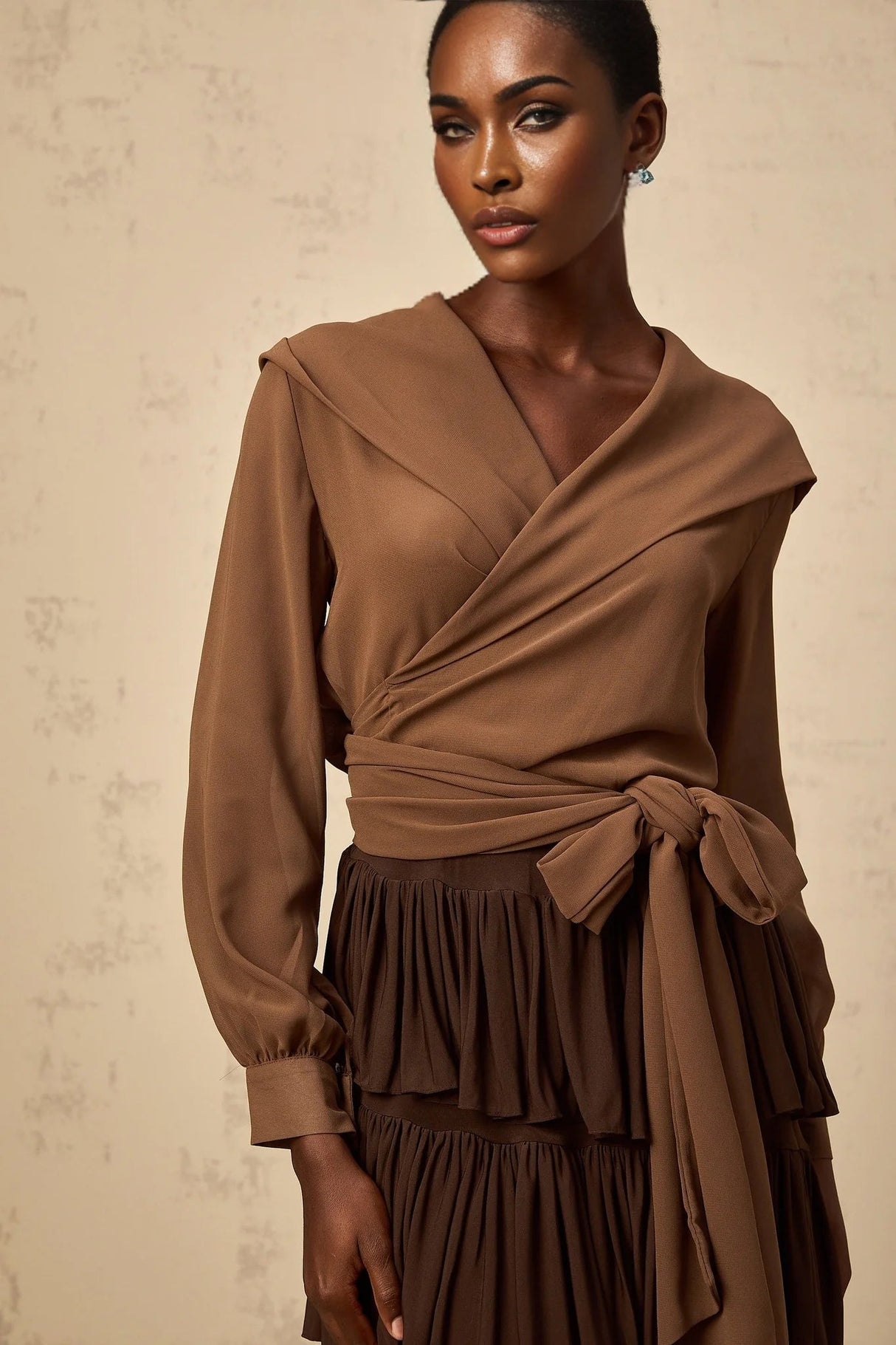 Giovanna Top Coffee Brown Chiffon Sheer Wrap V - Neck Cropped