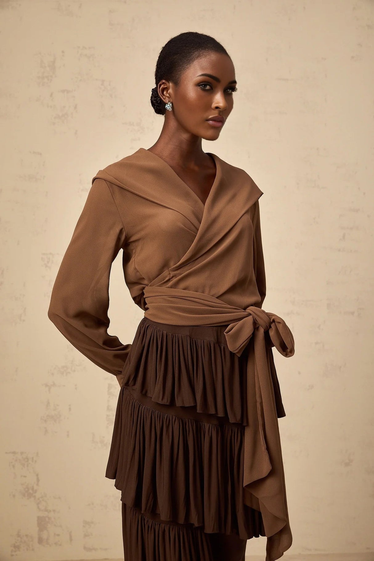 Giovanna Top Coffee Brown Chiffon Sheer Wrap V - Neck Cropped