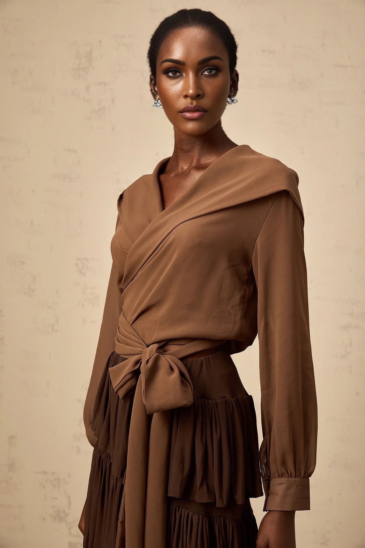 Giovanna Top Coffee Brown Chiffon Sheer Wrap V - Neck Cropped