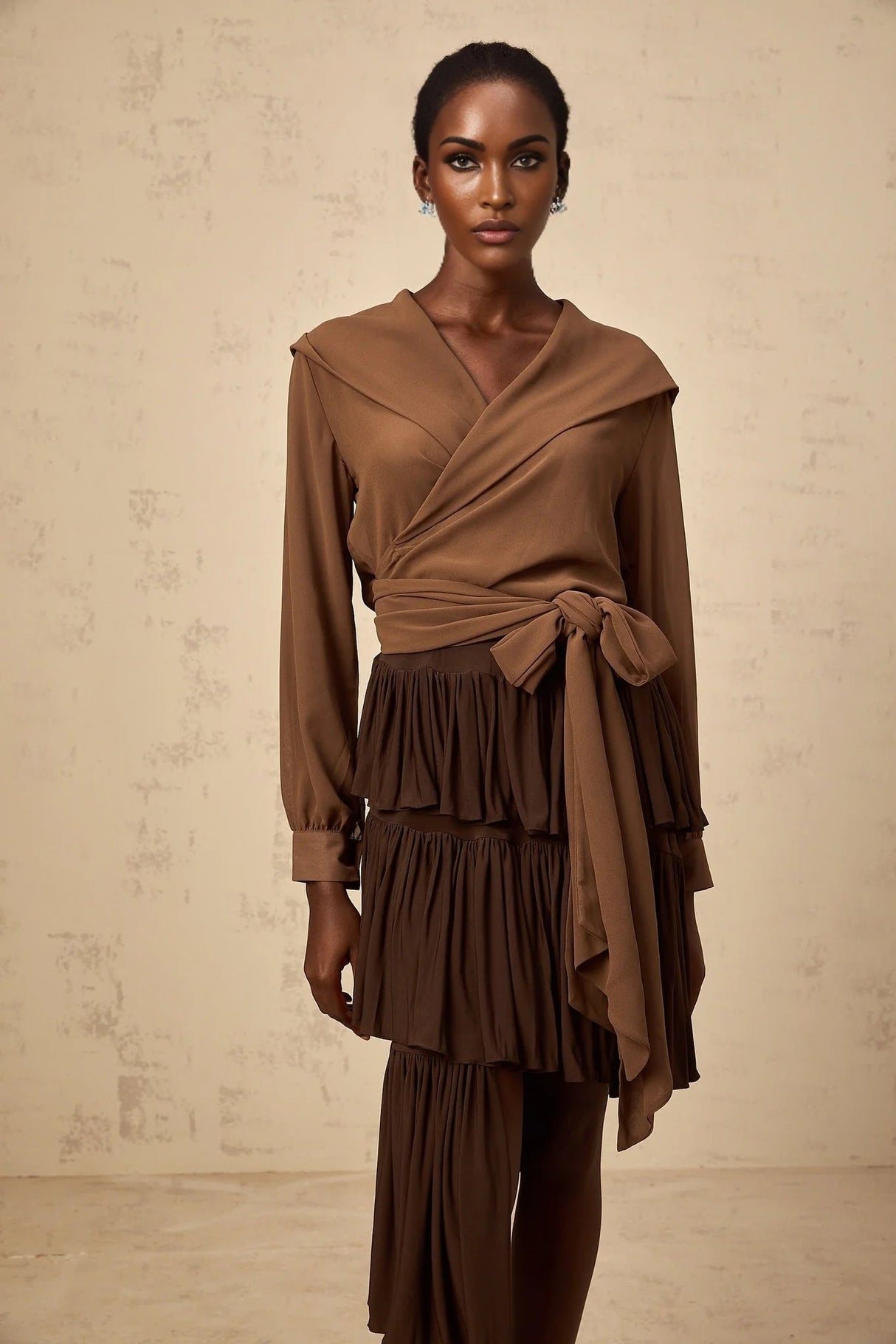 Giovanna Top Coffee Brown Chiffon Sheer Wrap V - Neck Cropped