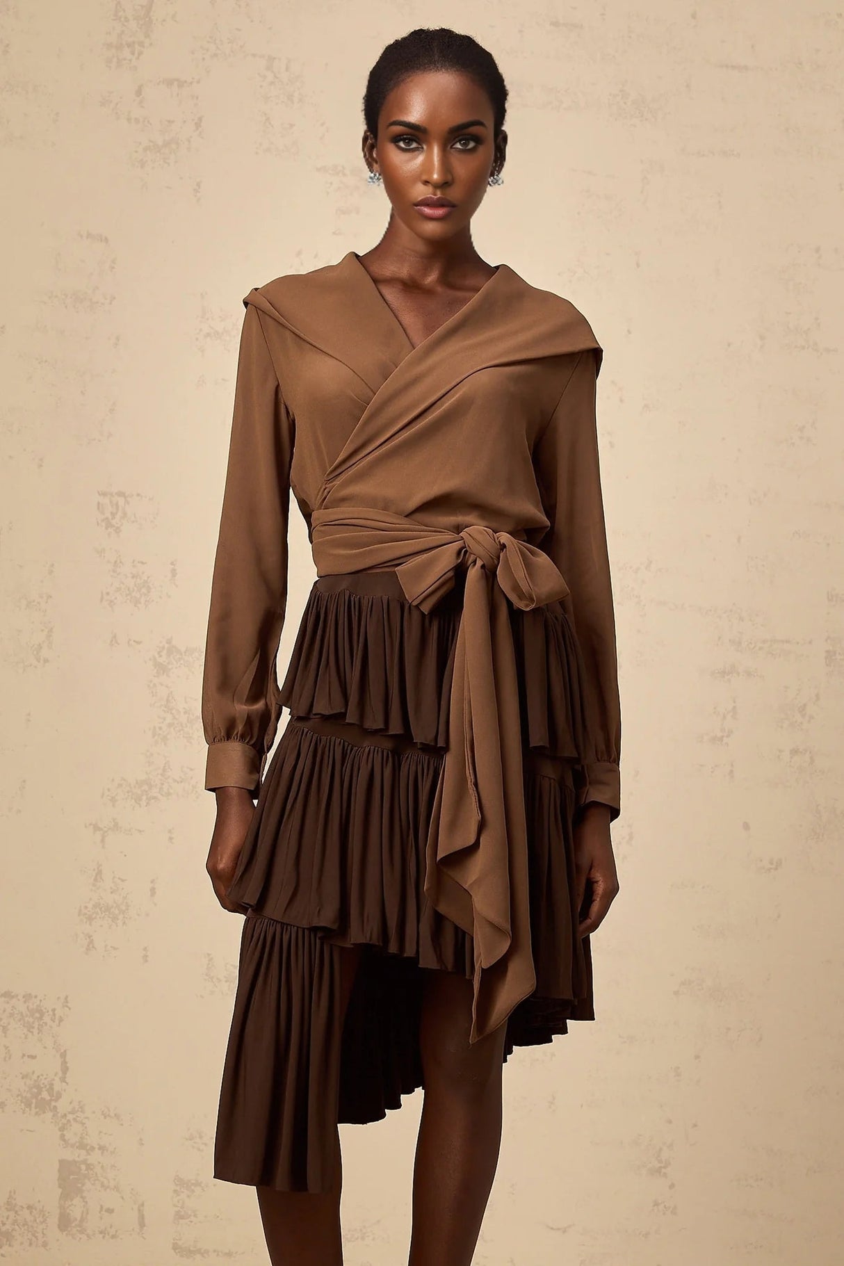 Giovanna Top Coffee Brown Chiffon Sheer Wrap V - Neck Cropped