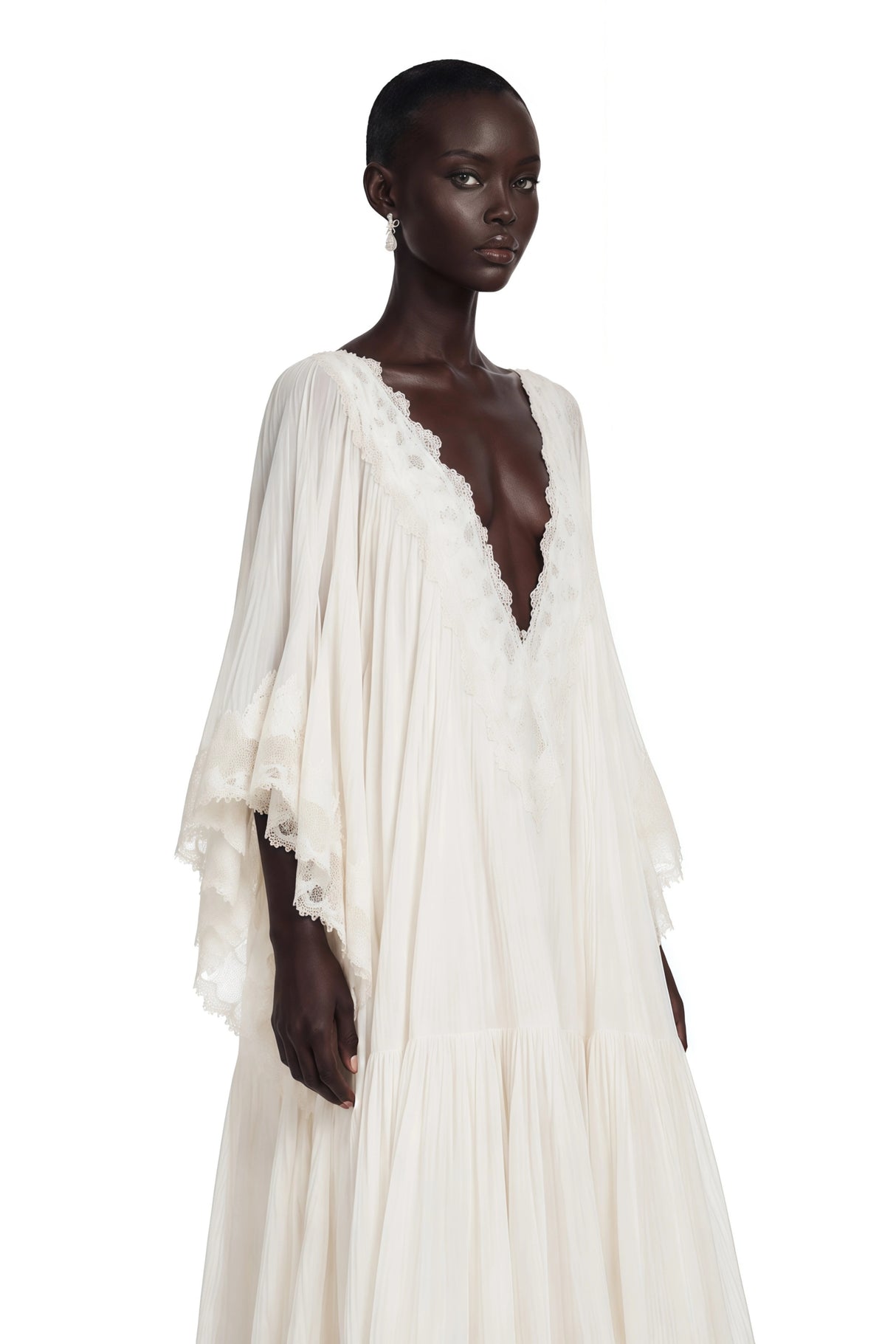 Giovanna White VNeck Maxi Dress with Lace Trim
