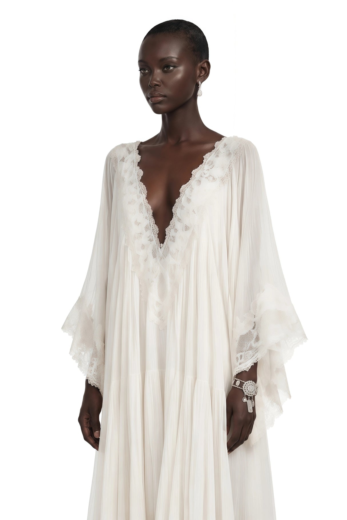 Giovanna White VNeck Maxi Dress with Lace Trim