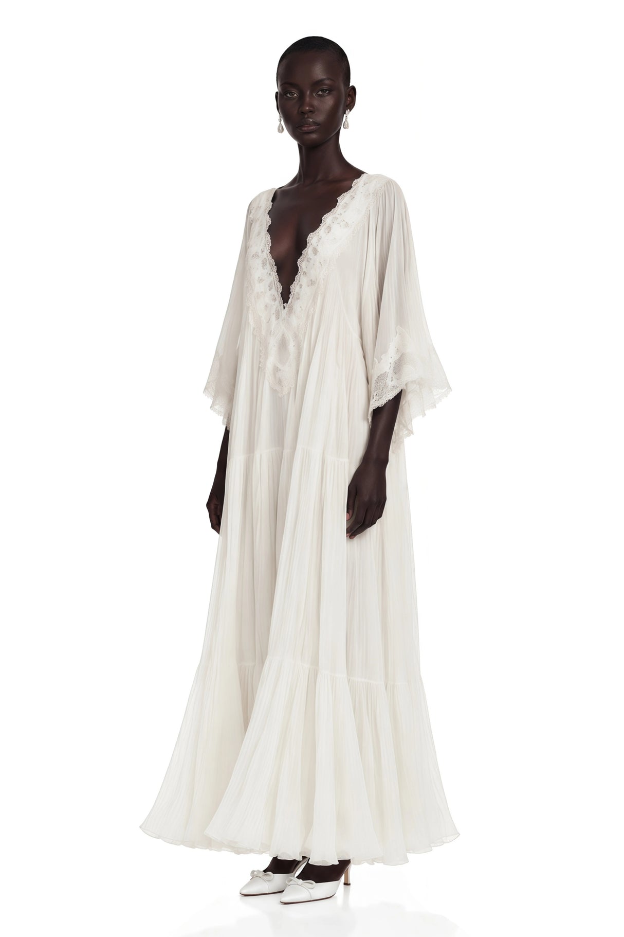 Giovanna White VNeck Maxi Dress with Lace Trim