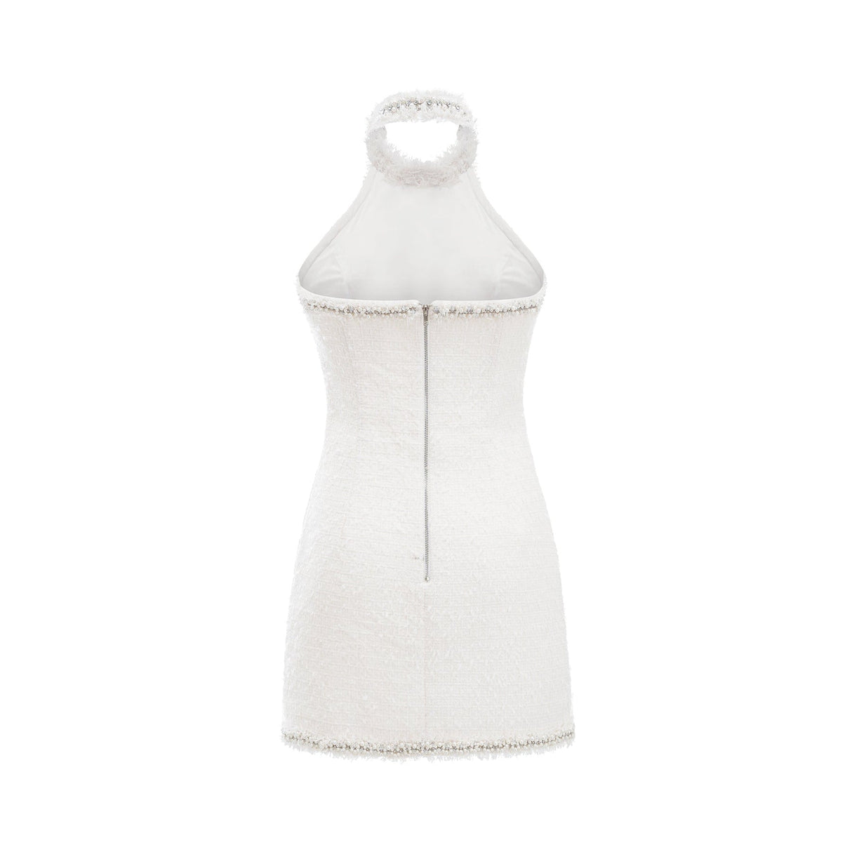 Giovannella Dress - White - Halter Neck - Thigh Length - Embellished & Buttoned