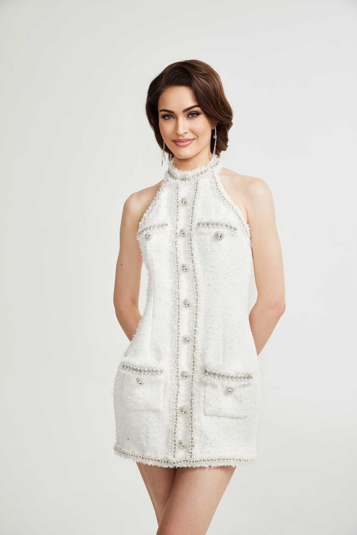 Giovannella Dress - White - Halter Neck - Thigh Length - Embellished & Buttoned